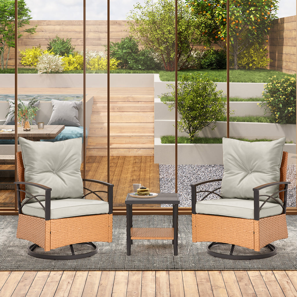 HOMREST 3-Piece Patio Swivel Rocker Set with Rattan Coffee Table, Gray