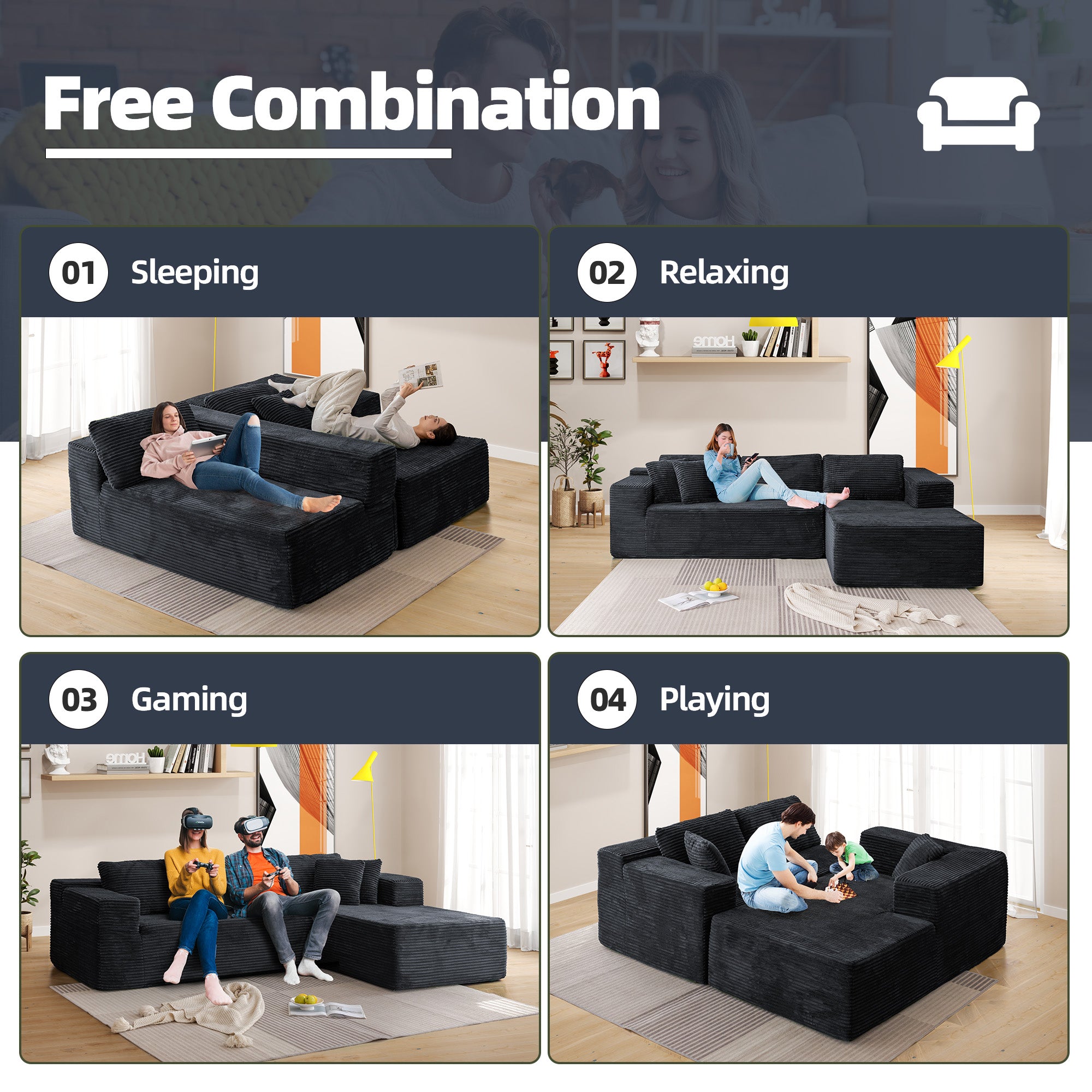 HOMREST 106 inch Cloud Sectional Couch with Chaise Lounge for Living Room, Corduroy Fabric, Black