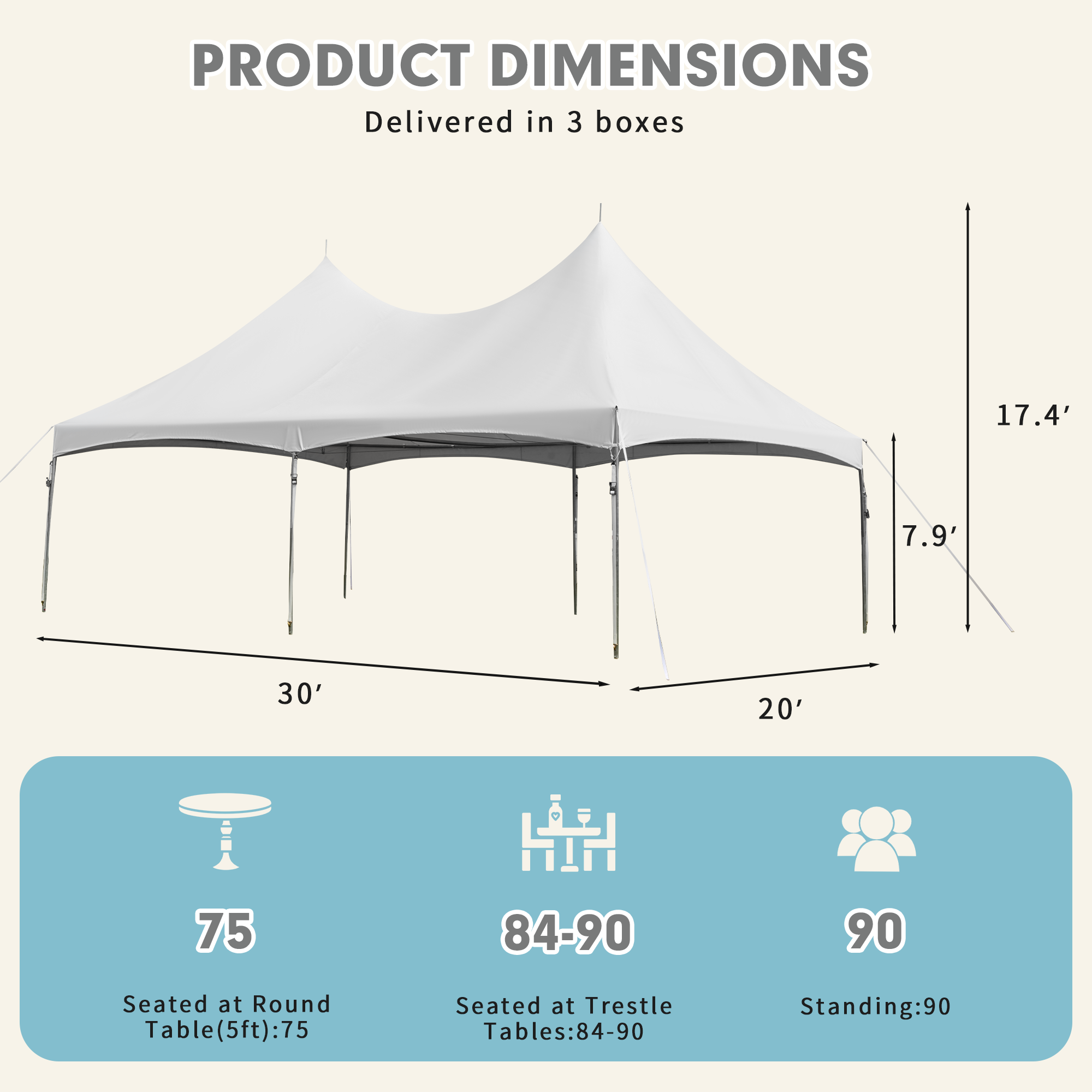 HOMREST  20x30ft Party Tent Outdoor Wedding Tent Heavy Duty Peaked Frame Canopy With Fire Retardant PVC Top 100 Person For Event Commercials White