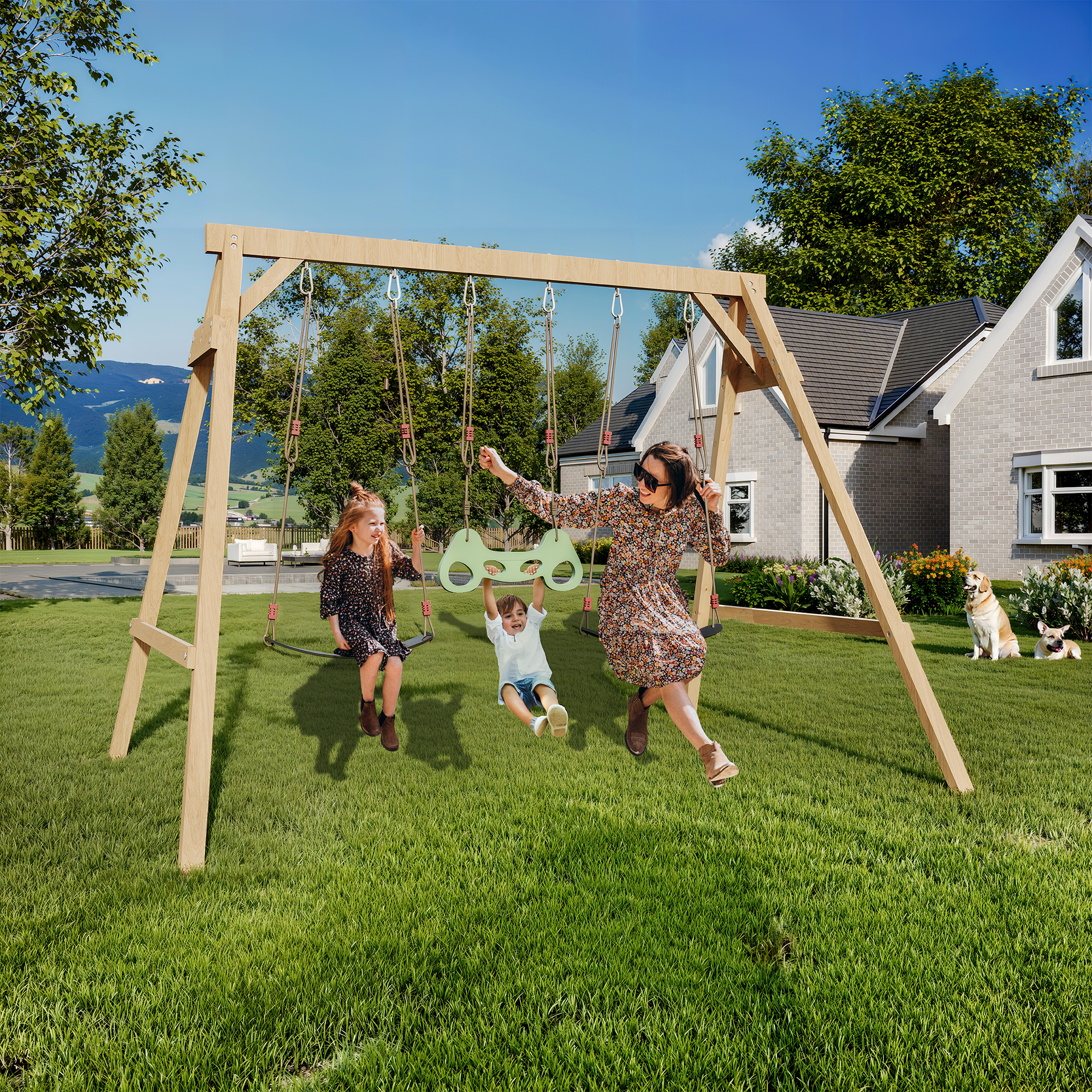 Homrest Wooden Swing Sets for Backyard with 2 Belt Swings and Trapeze Bar, Outdoor Playset for Kids, Backyard Discovery Wooden Swing Set
