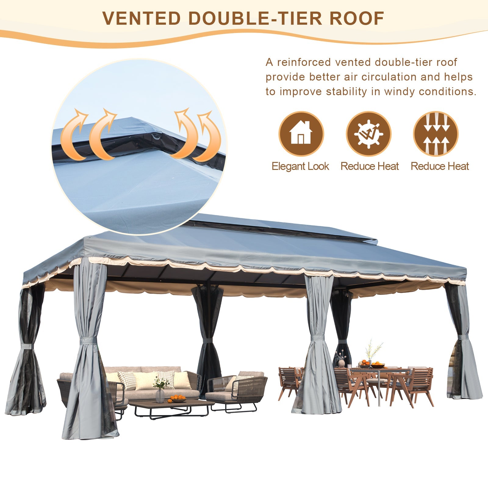 Homrest 10x20 Outdoor Canopy Gazebo with Netting and Shade Curtains, Grey