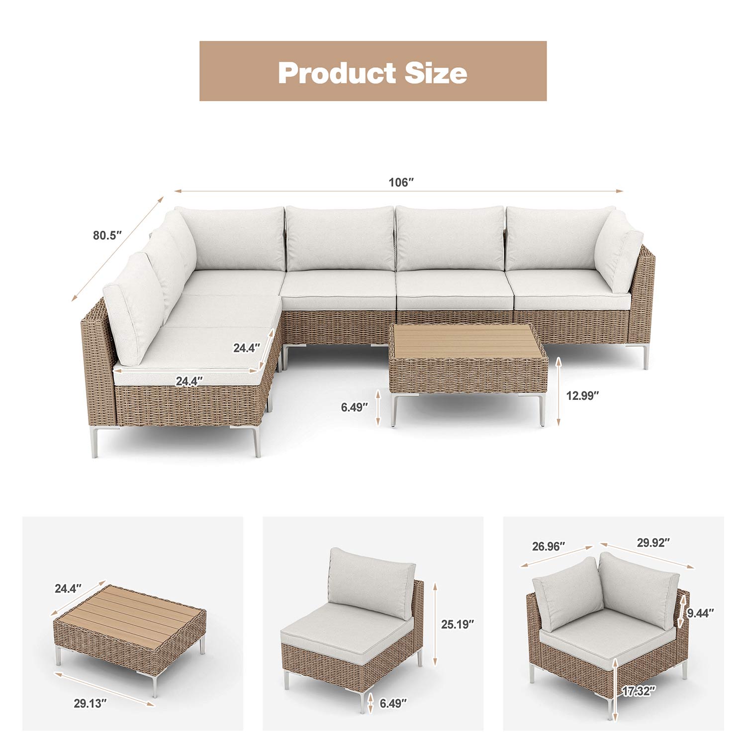 7 Pcs Outdoor Sectional Sofa, Half-Round Rattan Furniture Set with Tea Table, Beige | Homrest Furniture