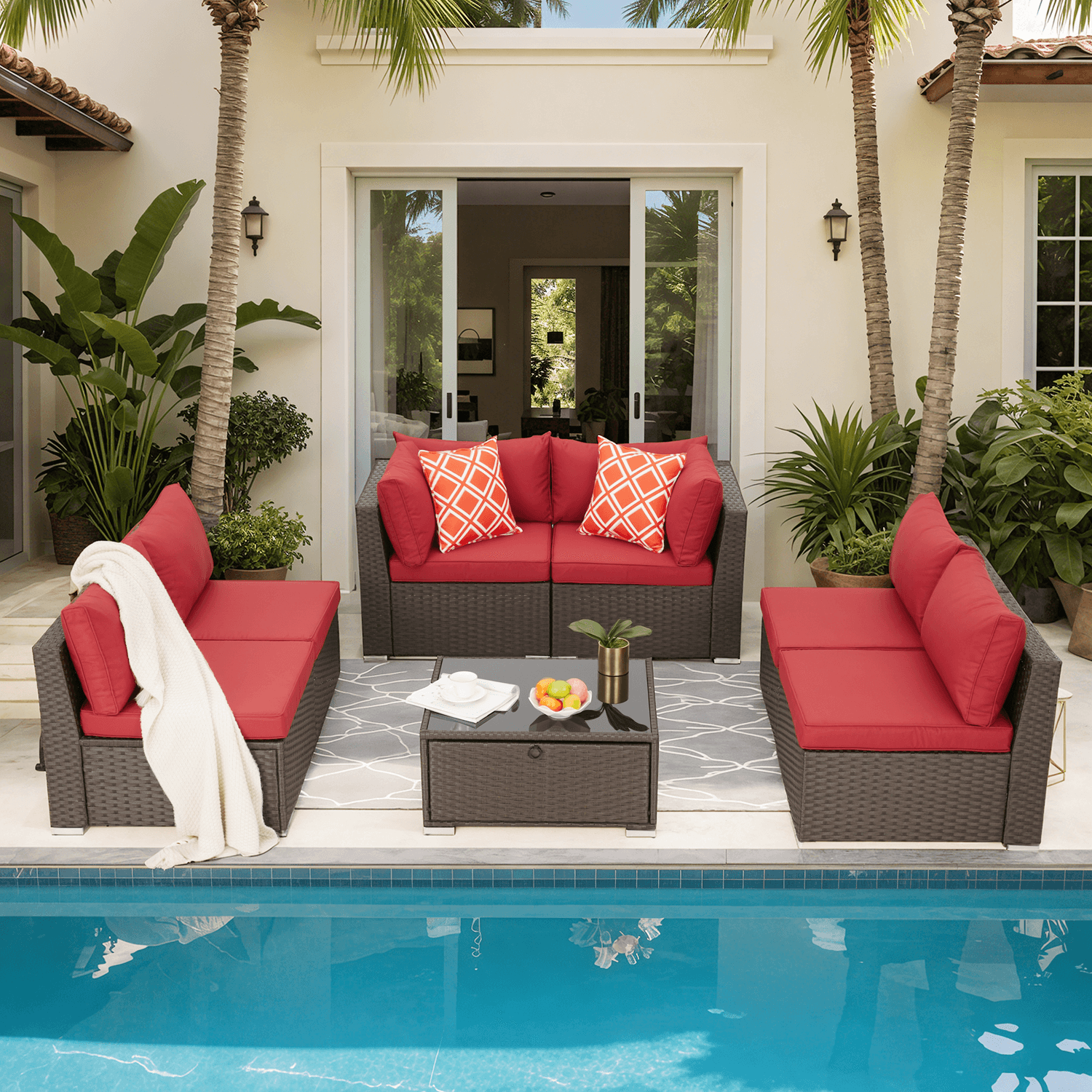 HOMREST 7 Pcs Outdoor Rattan Furniture Set with Coffee Table, Wine Red