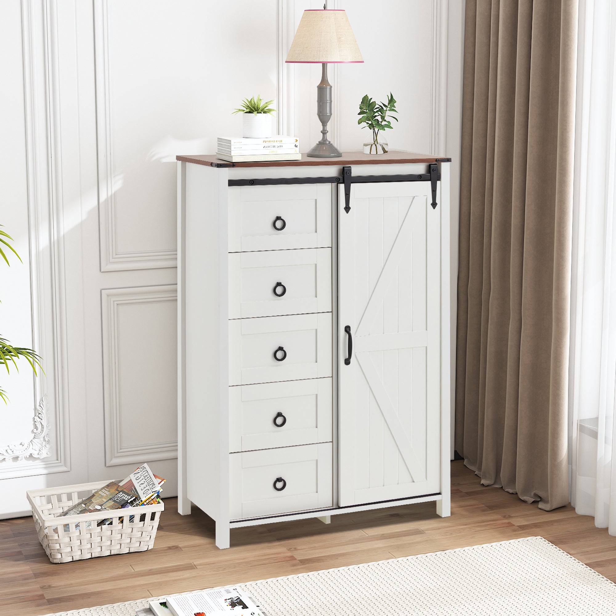 HOMREST Farmhouse 48" Tall Chest of Drawers, Wooden Closet Dresser with Sliding Barn Door, Storage Organizer Dresser for Living Room, Hallway, White