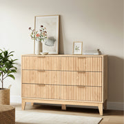 HOMREST Fluted Dresser for Bedroom, 6 Drawer Modern Dresser, Wide Modern Chest of Drawers with Metal Handle, Mid Century Modern Dresser, Natural Wood