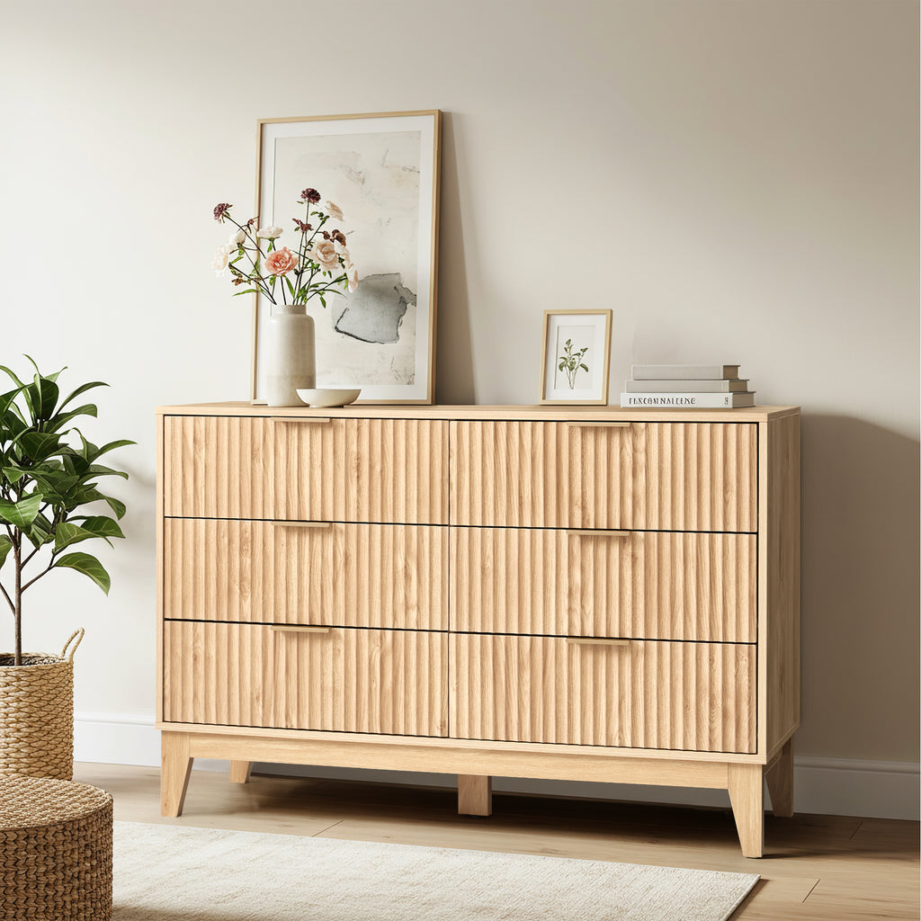 HOMREST Fluted Dresser for Bedroom, 6 Drawer Modern Dresser, Wide Modern Chest of Drawers with Metal Handle, Mid Century Modern Dresser, Natural Wood