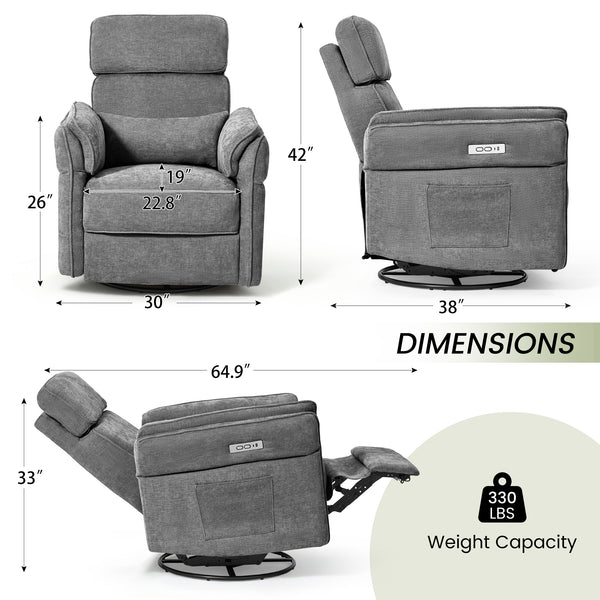 HOMREST Power Swivel Rocking Recliner Chair with Adjustable Headrest and Armrests for Living Room, Nursery, Gray