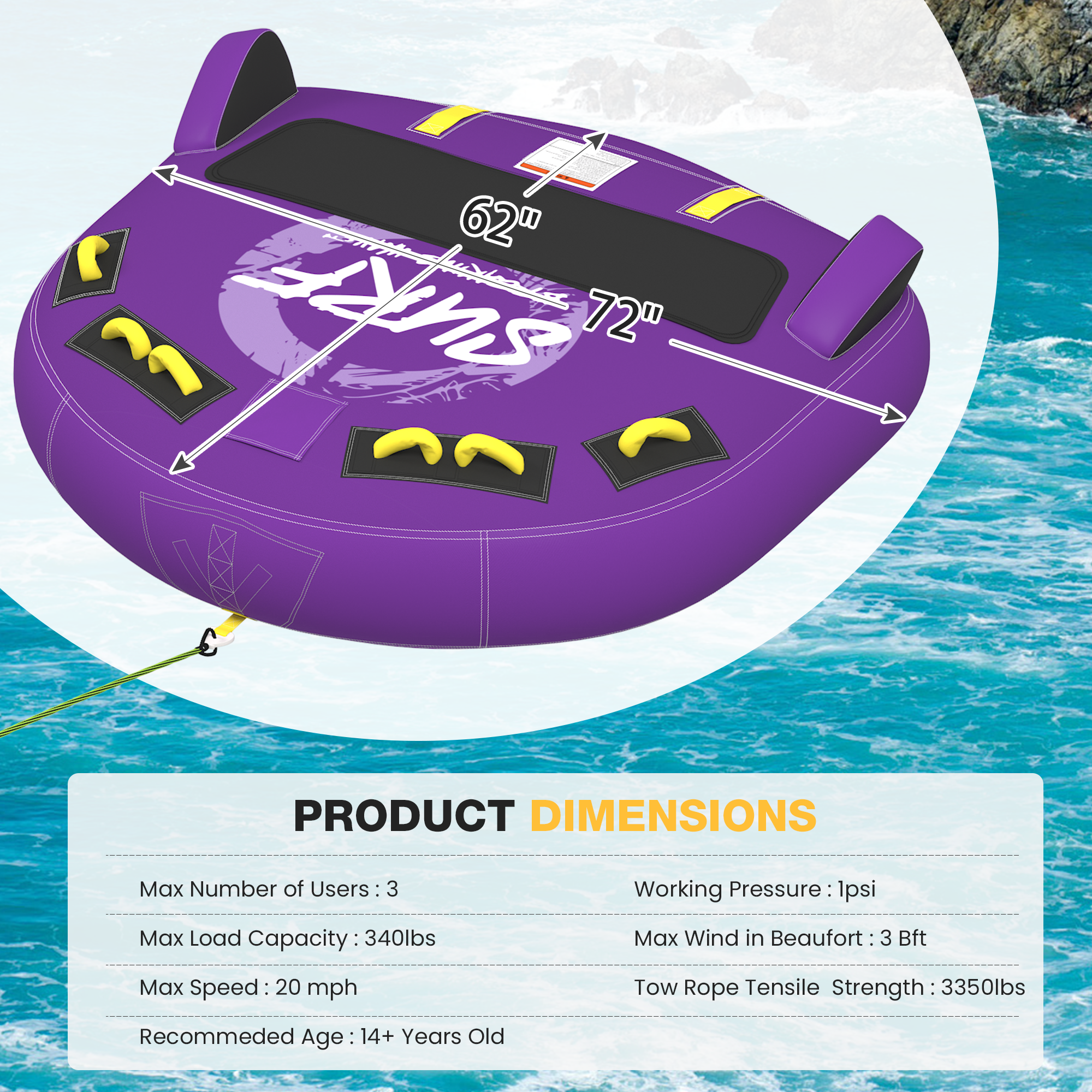 HOMREST 3-Person Deck Towable Tubes for Boating with Winged Side Bolsters and Towable Rope, Padded Bolster Guard Handles & Quick-Connect Tow Point