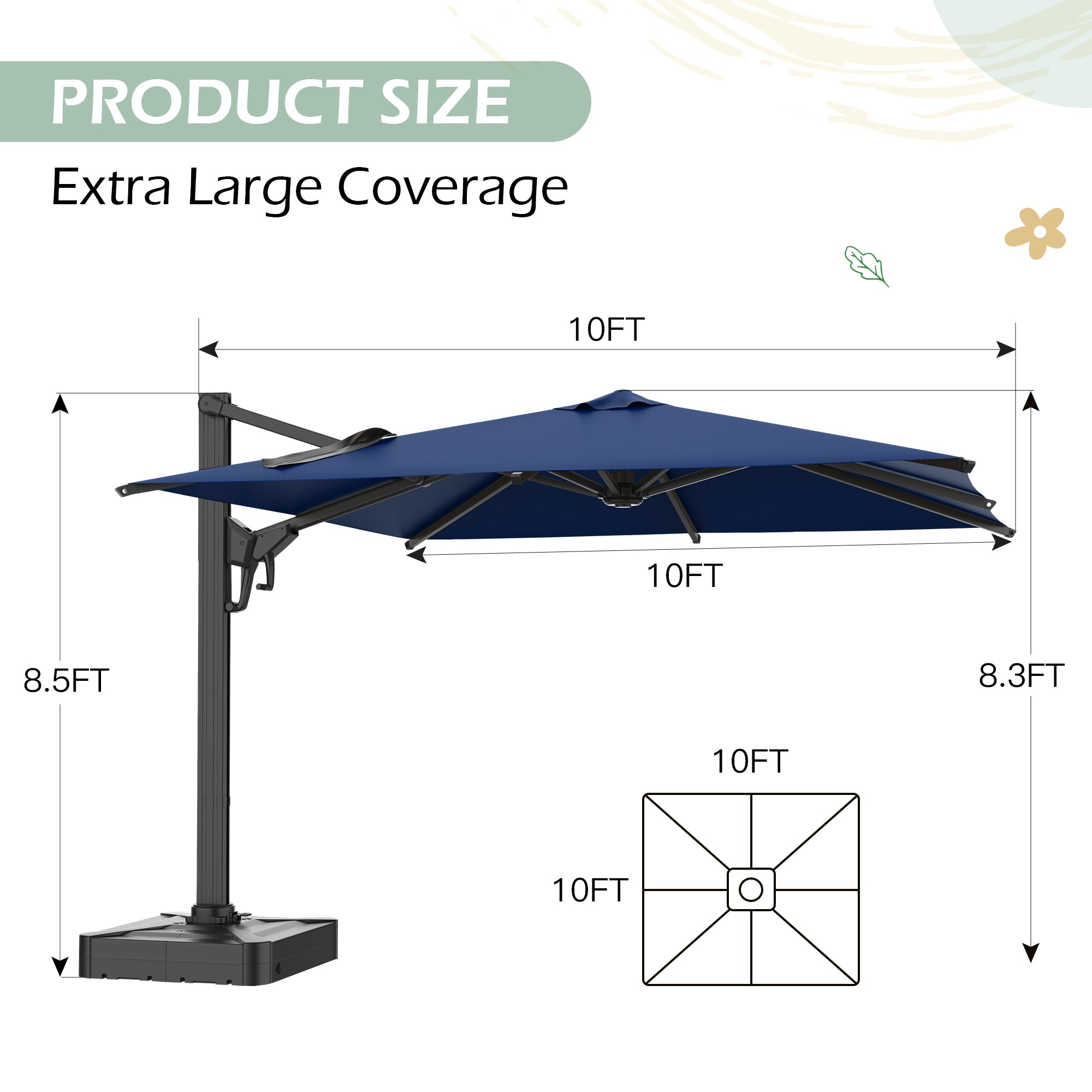 HOMREST 10x10ft Large Rectangular Cantilever Umbrella with 360° Rotation & 6 Adjustable Heights, Navy (Base Excluded)