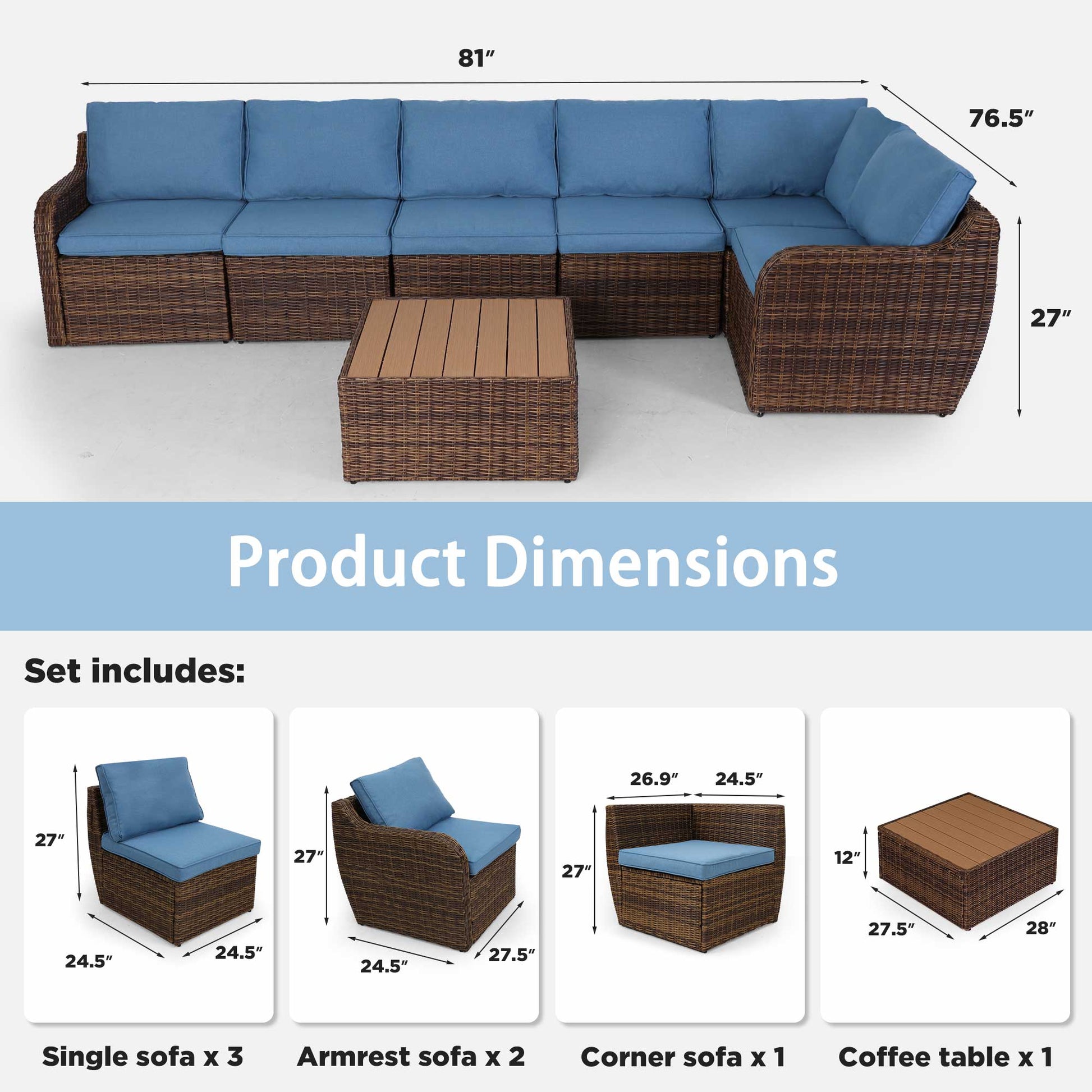 Homrest 7 pieces patio sofa set includes armrest sofa, single sofa, corner sofa and coffee table