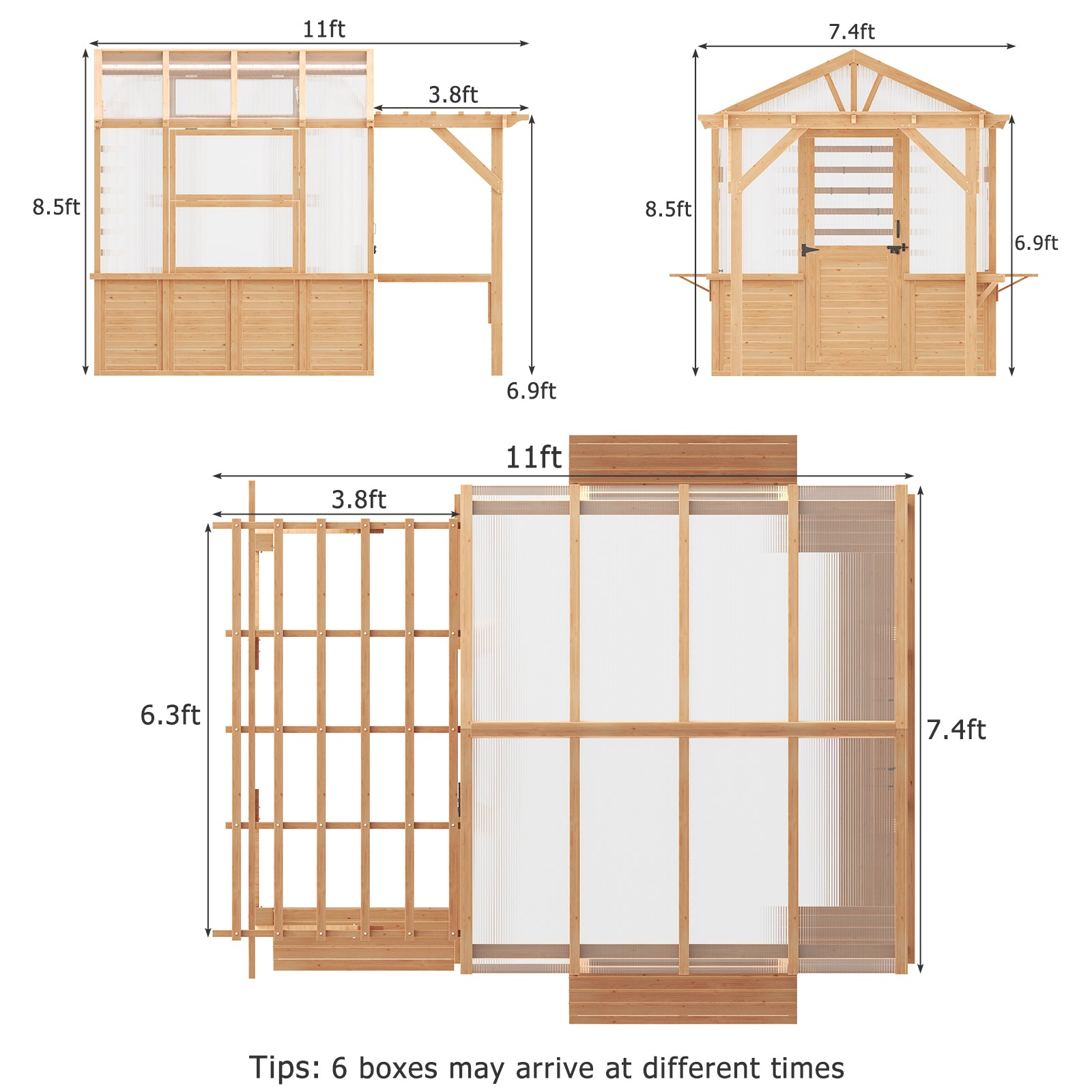 HOMREST 7x11 FT Spruce Wood Greenhouse with Pergola, Walk-in Polycarbonate Greenhouse Kit with Top-Hung Windows, Built-in Workstation and Staging Shelves for Backyard Garden