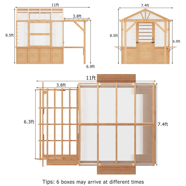 HOMREST 7x11 FT Spruce Wood Greenhouse with Pergola, Walk-in Polycarbonate Greenhouse Kit with Top-Hung Windows, Built-in Workstation and Staging Shelves for Backyard Garden