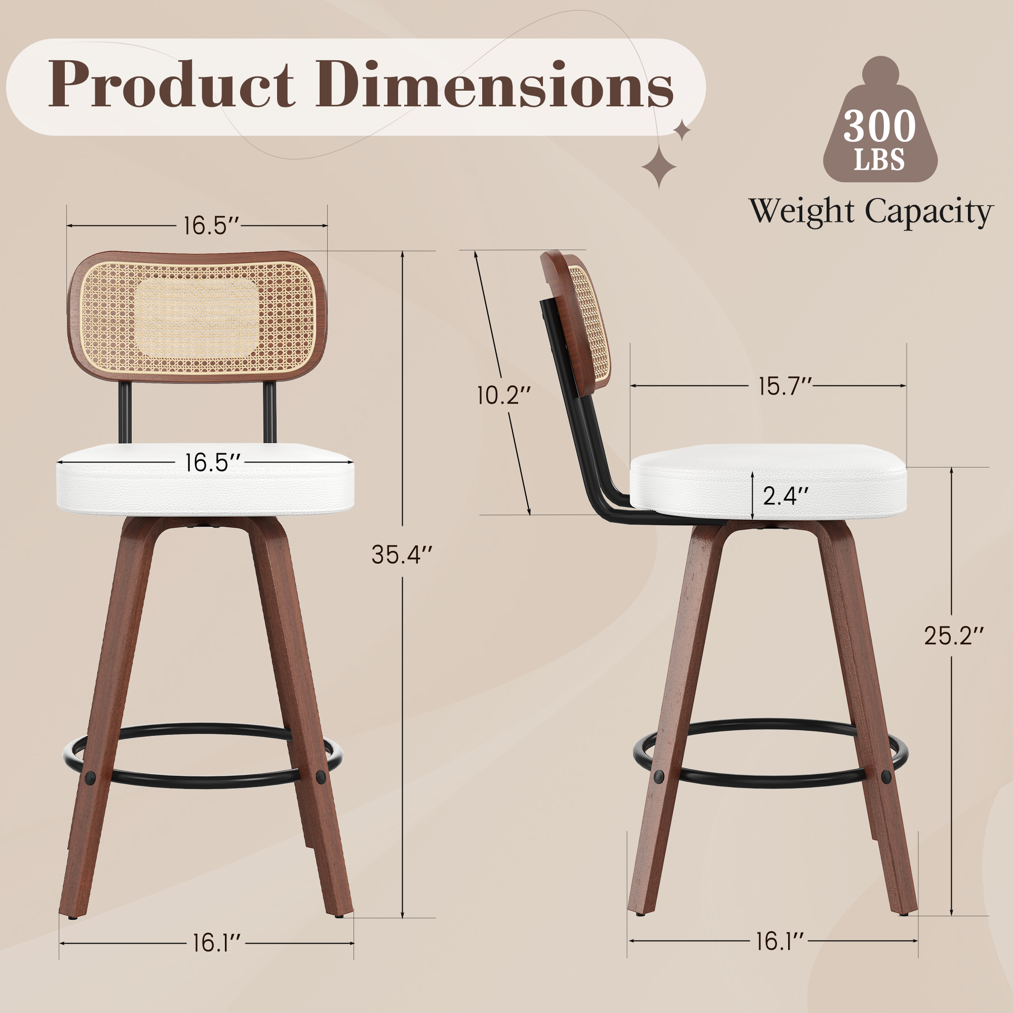 HOMREST Swivel Upholstered Rattan Back Counter & Bar Stool, Bar Chair With Solid Wood Frame And Metal Footrest (set Of 2), Beige