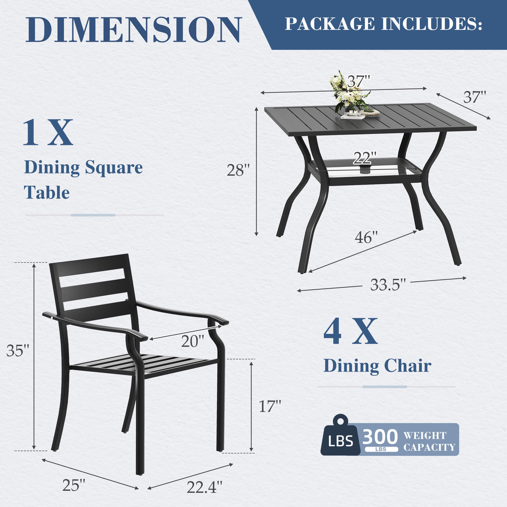 HOMREST 5-Piece Outdoor Patio Dining Set for 4, Square Metal Table with Umbrella Hole & Stackable Chairs