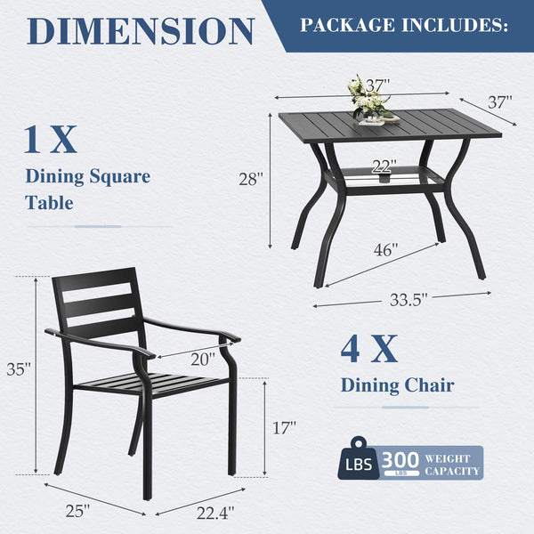 HOMREST 5-Piece Outdoor Patio Dining Set for 4, Square Metal Table with Umbrella Hole & Stackable Chairs