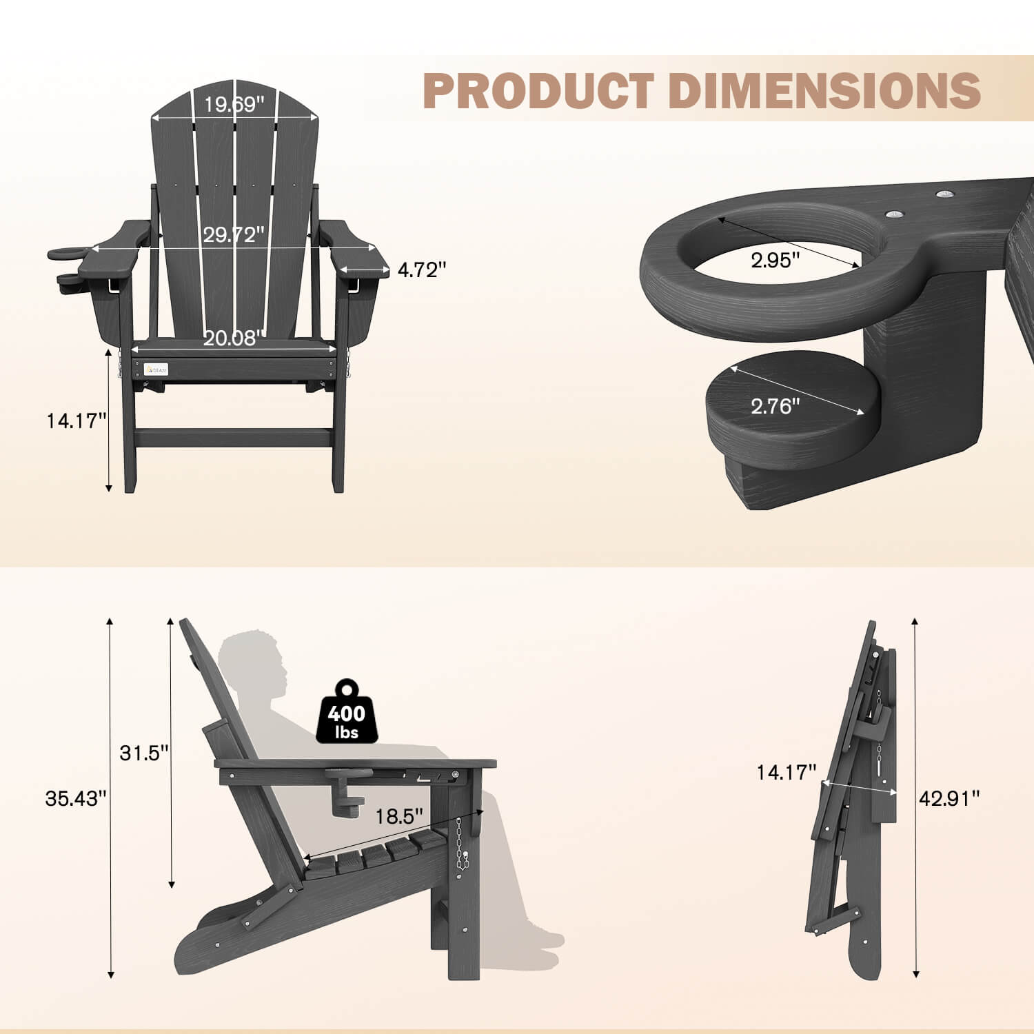 HOMREST 3-Position Adjustable Adirondack Chair, 400LBS HDPE Folding Outdoor Chair with Cup Holder, Gray