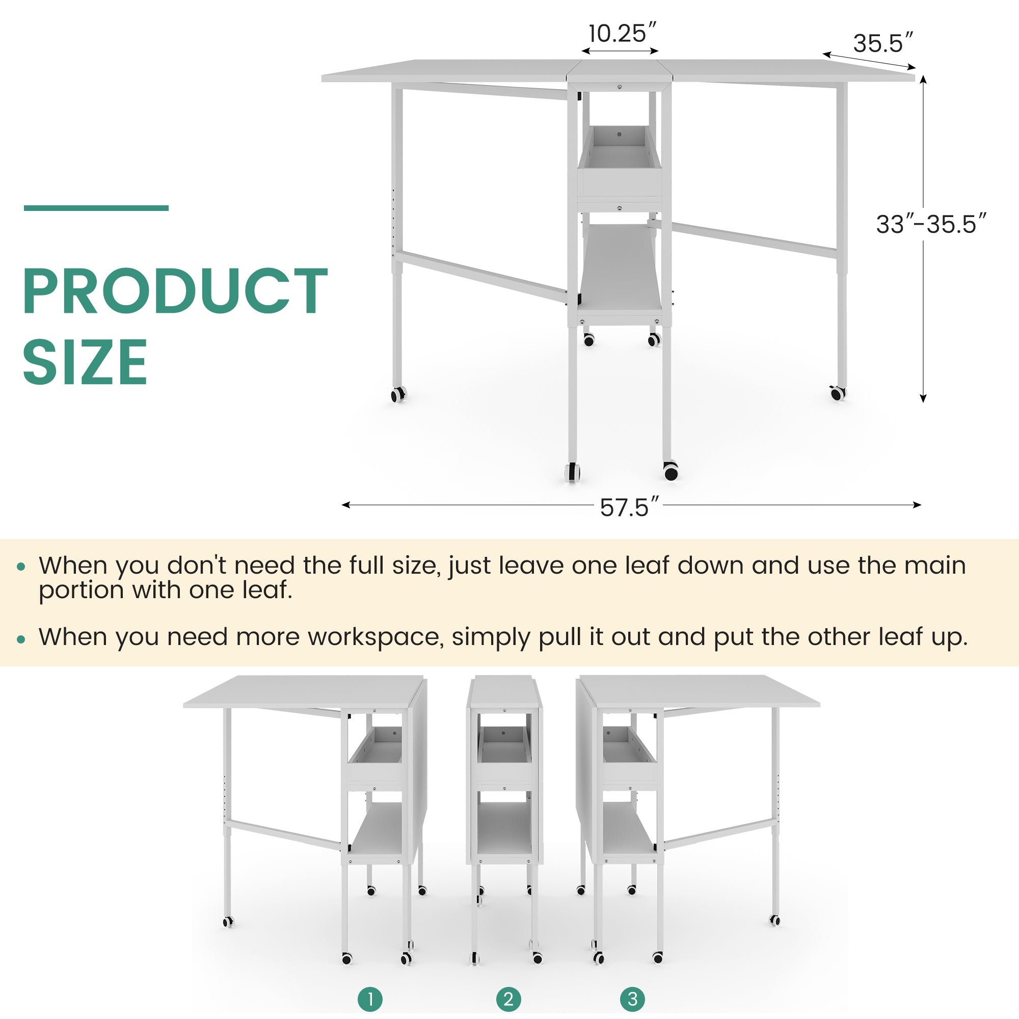 HOMREST Folding Sewing Table, Height Adjustable Fabric Cutting Table with Storage Shelves ＆ Lockable Casters, Portable Craft Station Desk for Home Apartment (57.5" W x 35.5" D x 33-39.75" H)