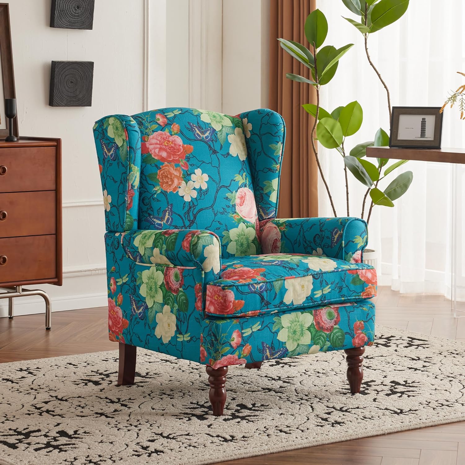 HOMREST Fabric Accent Chair for Living Room Bedroom Reading, Teal Floral