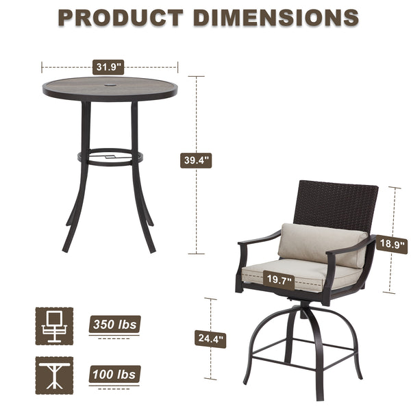 HOMREST 3 Piece Outdoor Patio Set, High Top Patio Bar Set with Round Table  (1.96'' Umbrella Hole)  and 2 Swivel Dining Chairs with Lumbar Pillow, Outdoor Set for Backyard, Poolside,  Patio
