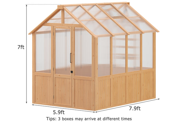 HOMREST 6x8 FT Wooden Greenhouse for Outdoors, Walk-in Greenhouse Kit with 4mm Polycarbonate Panels, Adjustable Roof Vent, Lockable Door, Outdoor Greenhouse for Backyard Garden