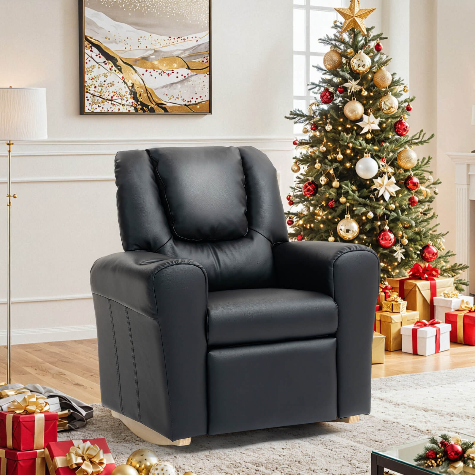 HOMREST Kids Recliner Chair with Cup Holder, Leather Toddler Recliner with Adjustable Backrest, Curved Rocking Legs and Comfy Armrests, Black