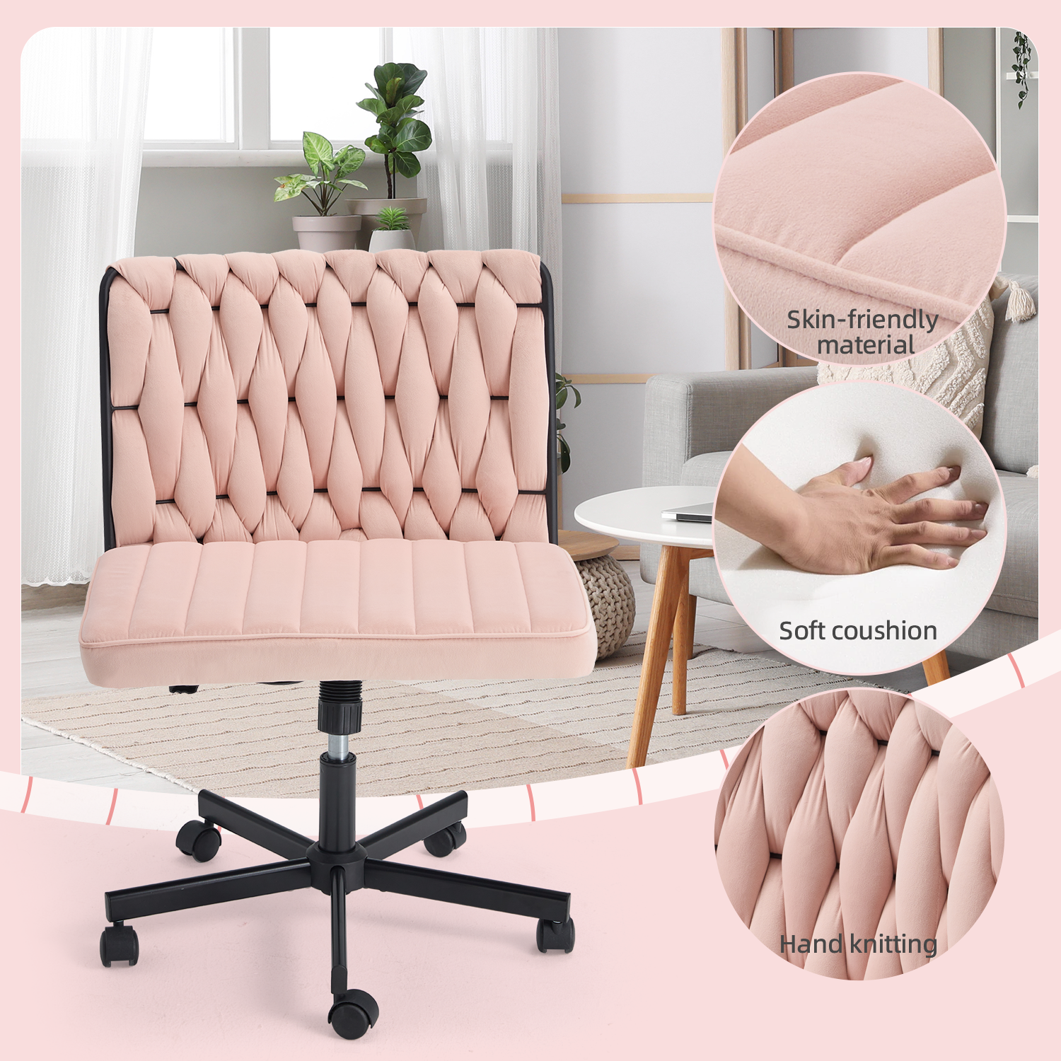 HOMREST Height Adjustable Criss Cross Chair with Wheels, Pink