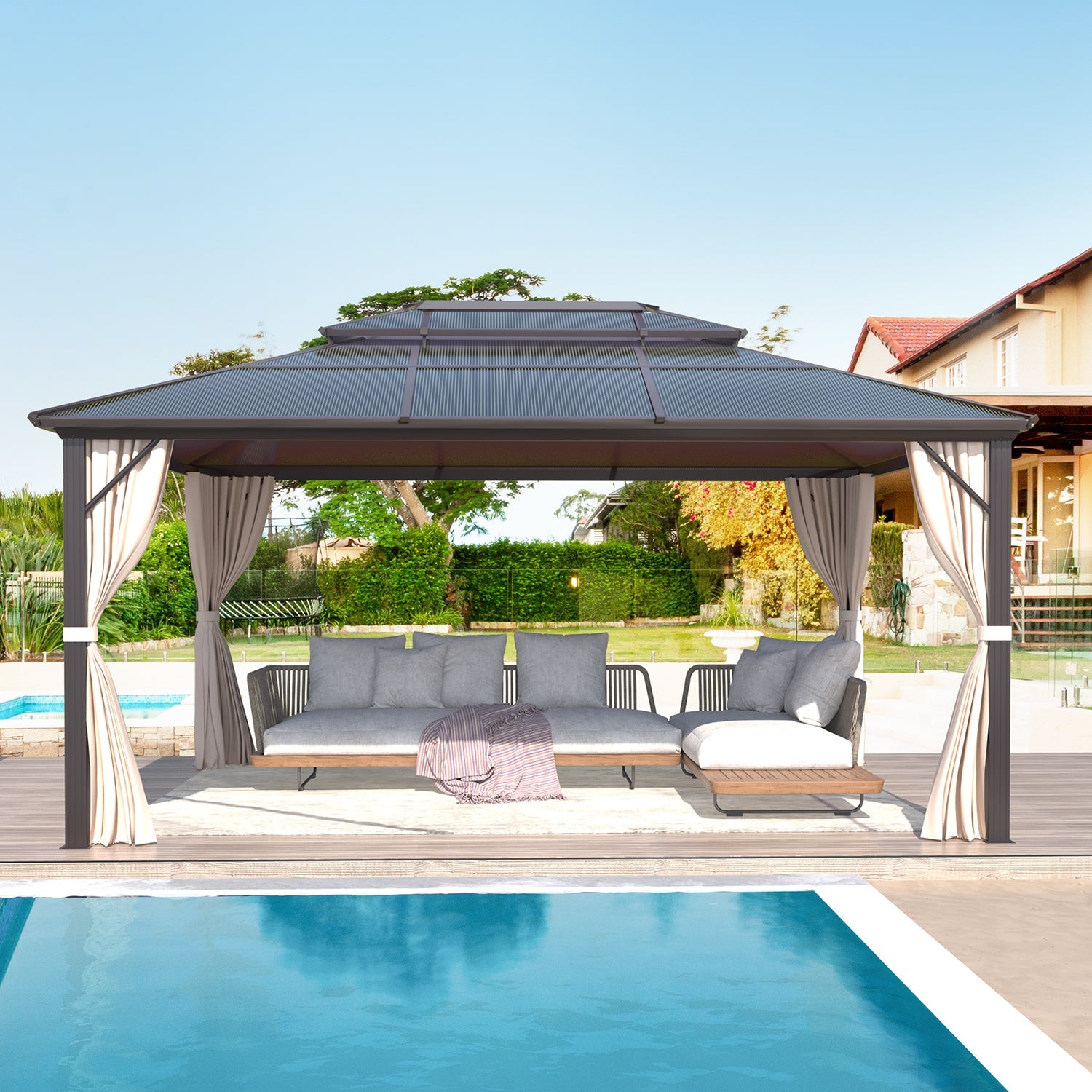 Homrest 12'x16' Patio Hardtop Gazebos Canopy Polycarbonate Double-Roof w/ Netting & Curtains - Homrest