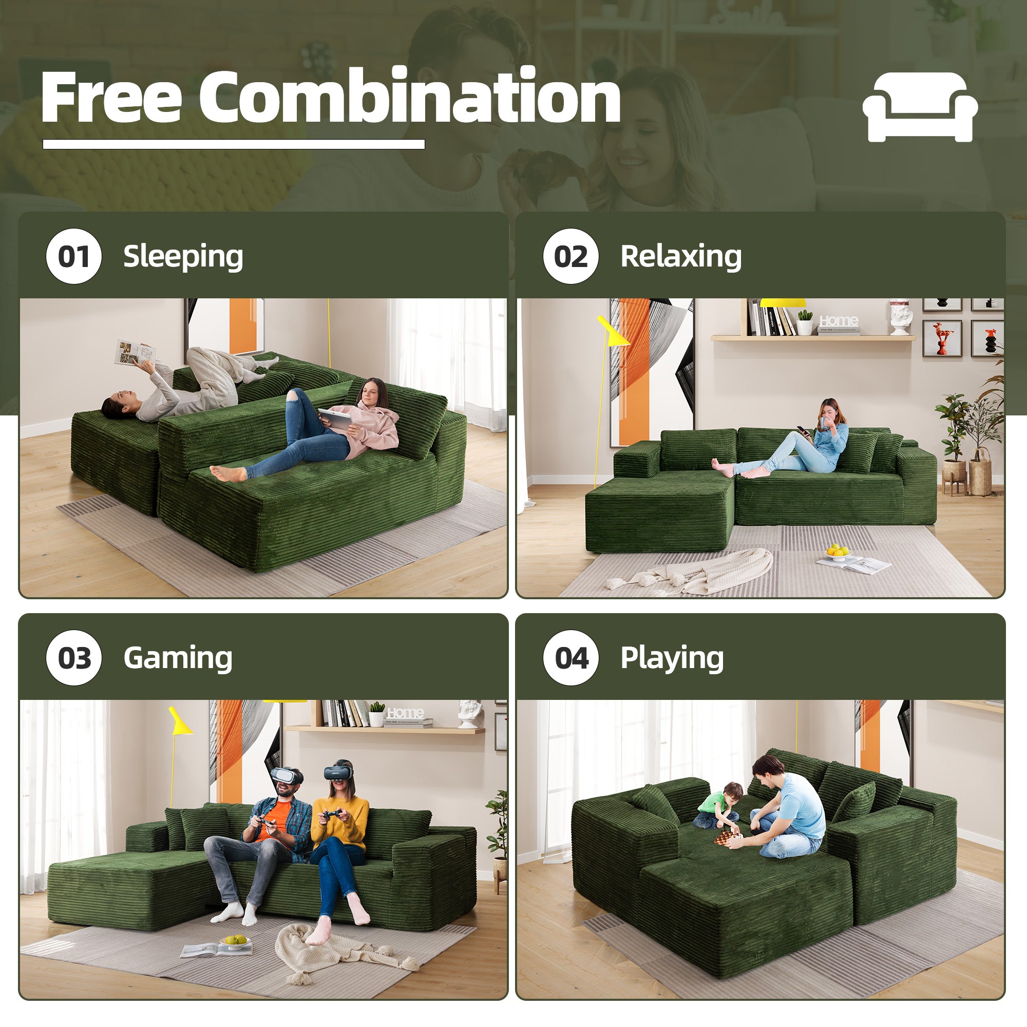 HOMREST 106 inch Cloud Sectional Couch with Chaise Lounge for Living Room Bedroom Apartment, Corduroy Fabric, Green