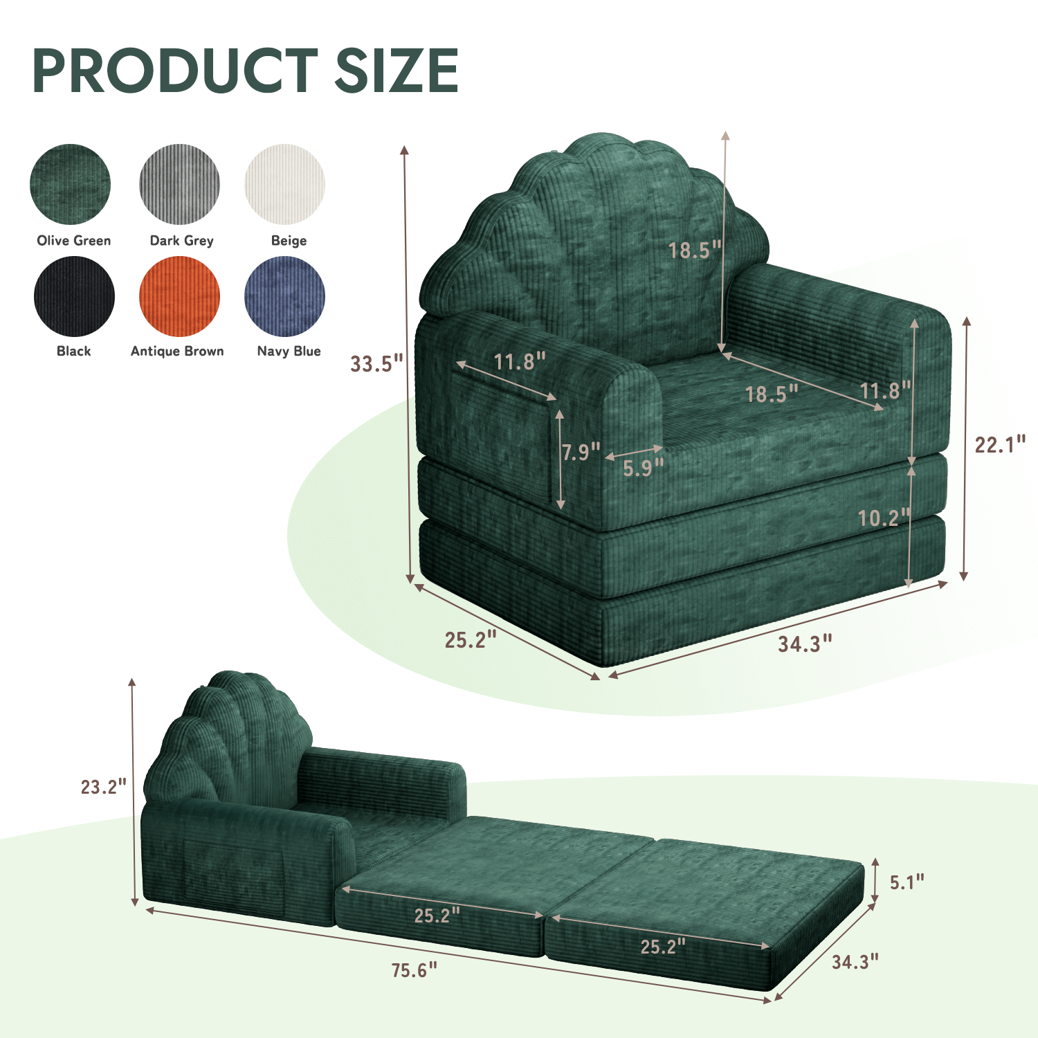 HOMREST 2-in-1 Folding Sofa Bed with Back Support, 75" D x 34" W Convertible Futon Sleeper Chair for Living Room Bedroom Small Spaces, Olive Green