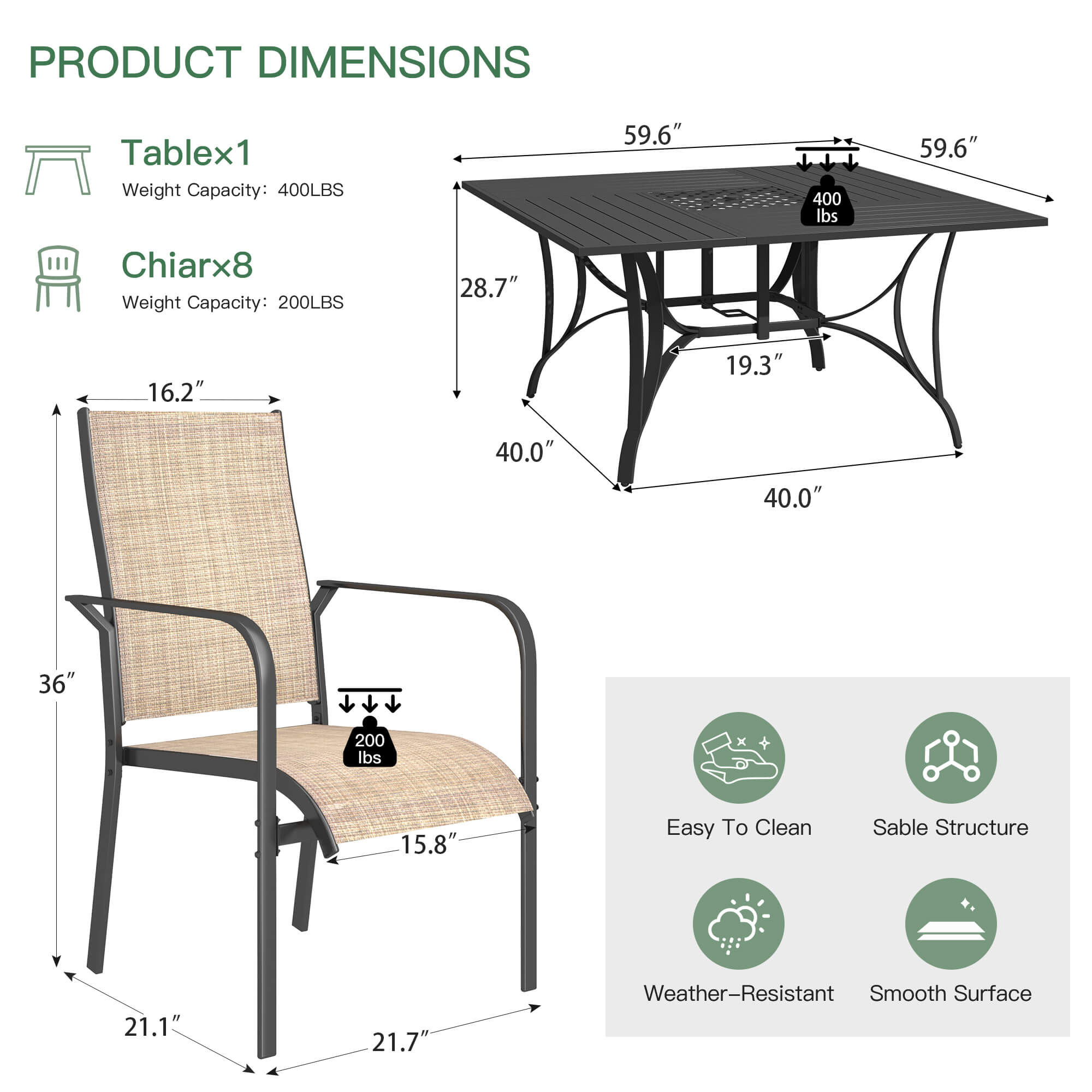 HOMREST 9 Piece Patio Dining Set, Outdoor Dining Table And Chairs Set For 8, 8 PVC-coated polyester Chairs, 1 Iron Square Table With Adjustable Umbrella Hole (1.57"-1.97"), Brown