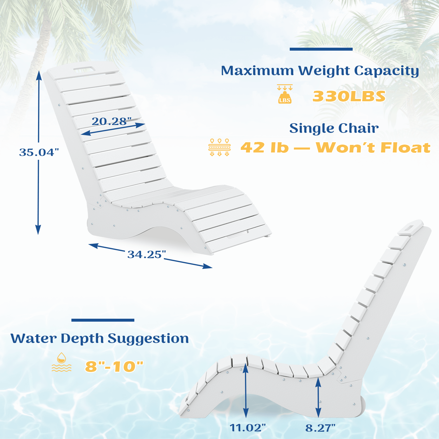 HOMREST HDPE Pool Lounge Chairs Set of 2, In-Pool Chaise with Wheels, S-Shaped, White