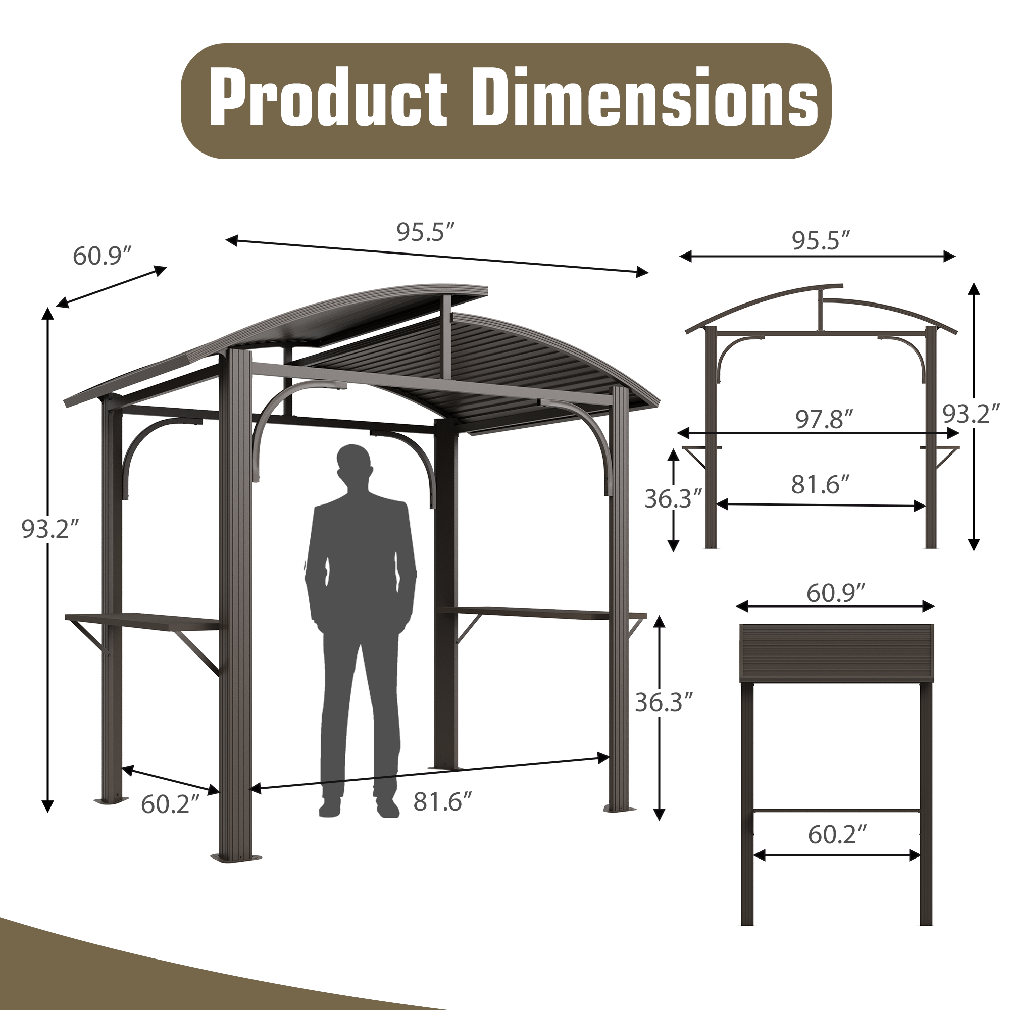 HOMREST 8' x 5' Hardtop Grill Gazebo, Outdoor BBQ Gazebo with 2 Side Shelves, Bottle Opener and Curved Galvanized Steel Roof, Brown