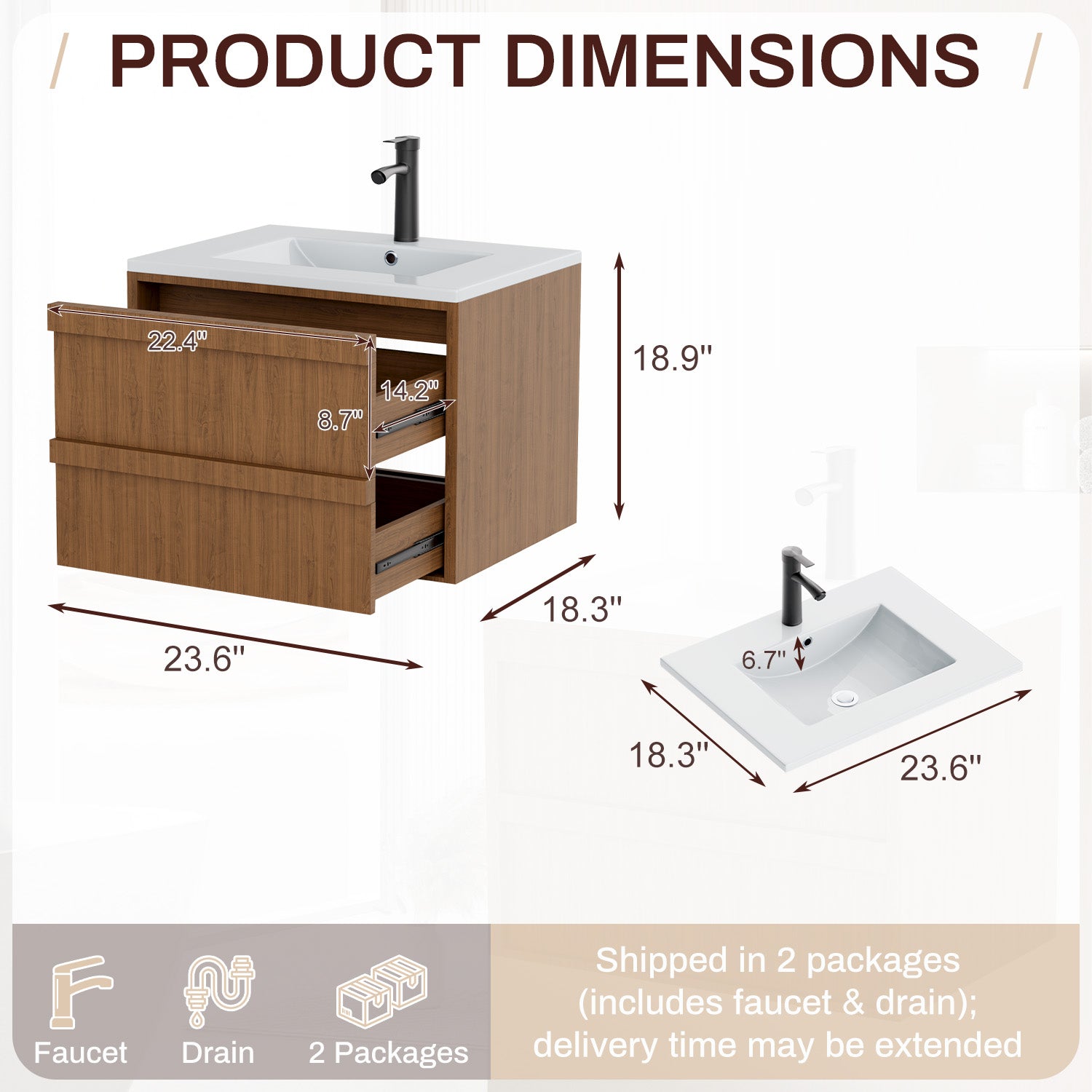 HOMREST 24 Inch Bathroom Vanity with Sink, Floating Bathroom Vanity with 2 Large Storage Drawers, Wood Grain Wall Mounted Bathroom Cabinet,  Brown