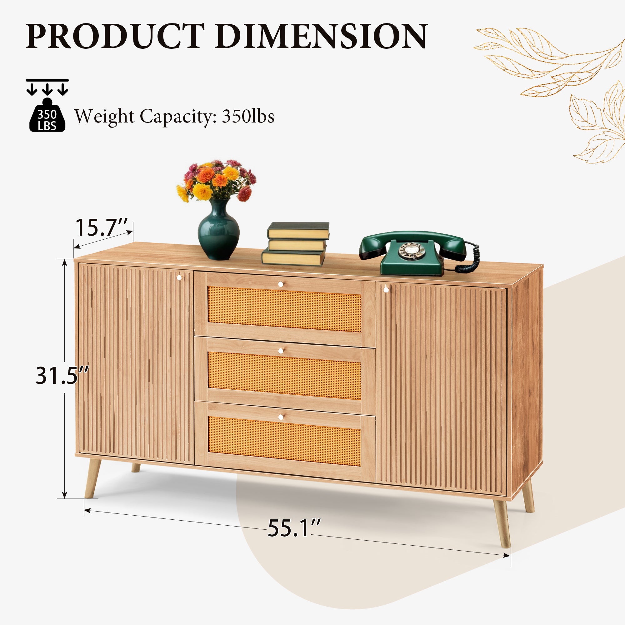 HOMREST Solid Wood Sideboard Buffet Cabinet, Mid-Century Credenza for Living Room, Entryway, Light wood