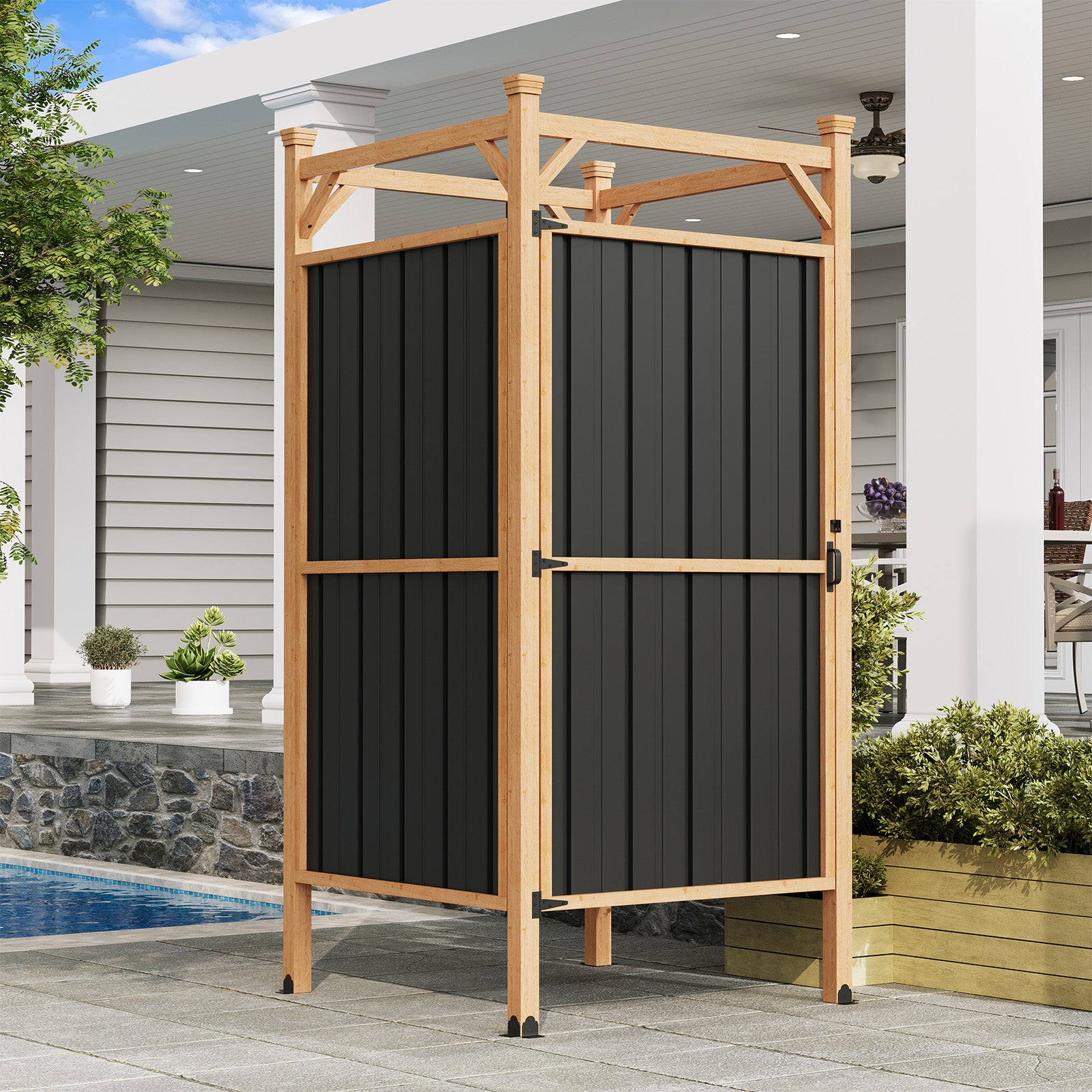 HOMREST Outdoor Shower Enclosure with Lockable Door, Weatherproof Outdoor Shower Stall with Metal Panels, Hooks & Shelves - Perfect for Pool Wash Station, Backyard & Beach Rinse Area Small Version
