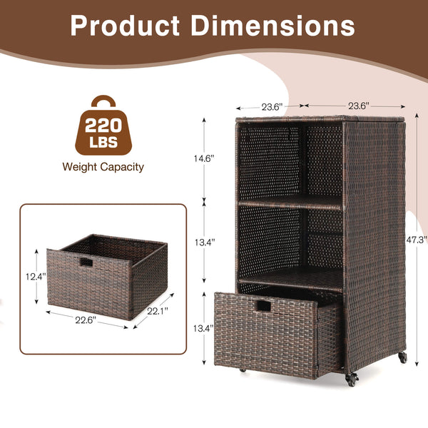 HOMREST Outdoor Pool Towel Rack with Storage Cabinet, Waterproof PE Rattan Wicker Poolside Towel Organizer with Shelves & Drawer, Rolling Wheels Towel Valet Caddy, Brown