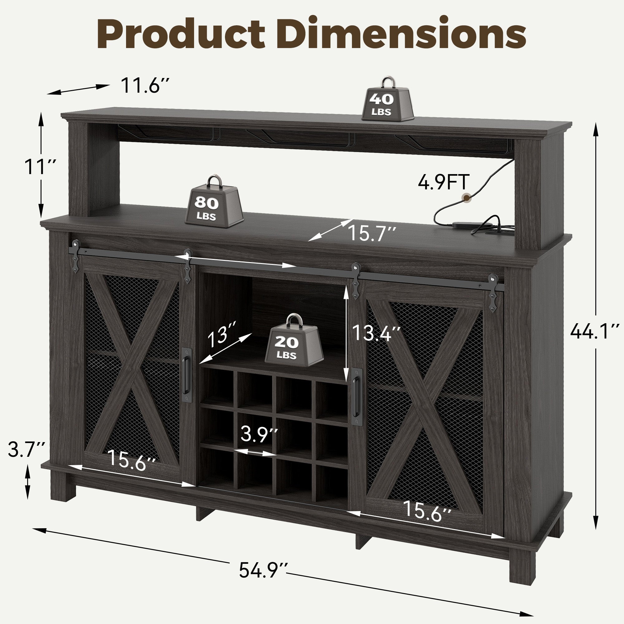 HOMREST 55" Farmhouse Bar Cabinet, Wine Coffee Bar Cabinet With Led Lights And Sliding Barn Door, Home Bar With Wine Racks And Glass Holder,  Black