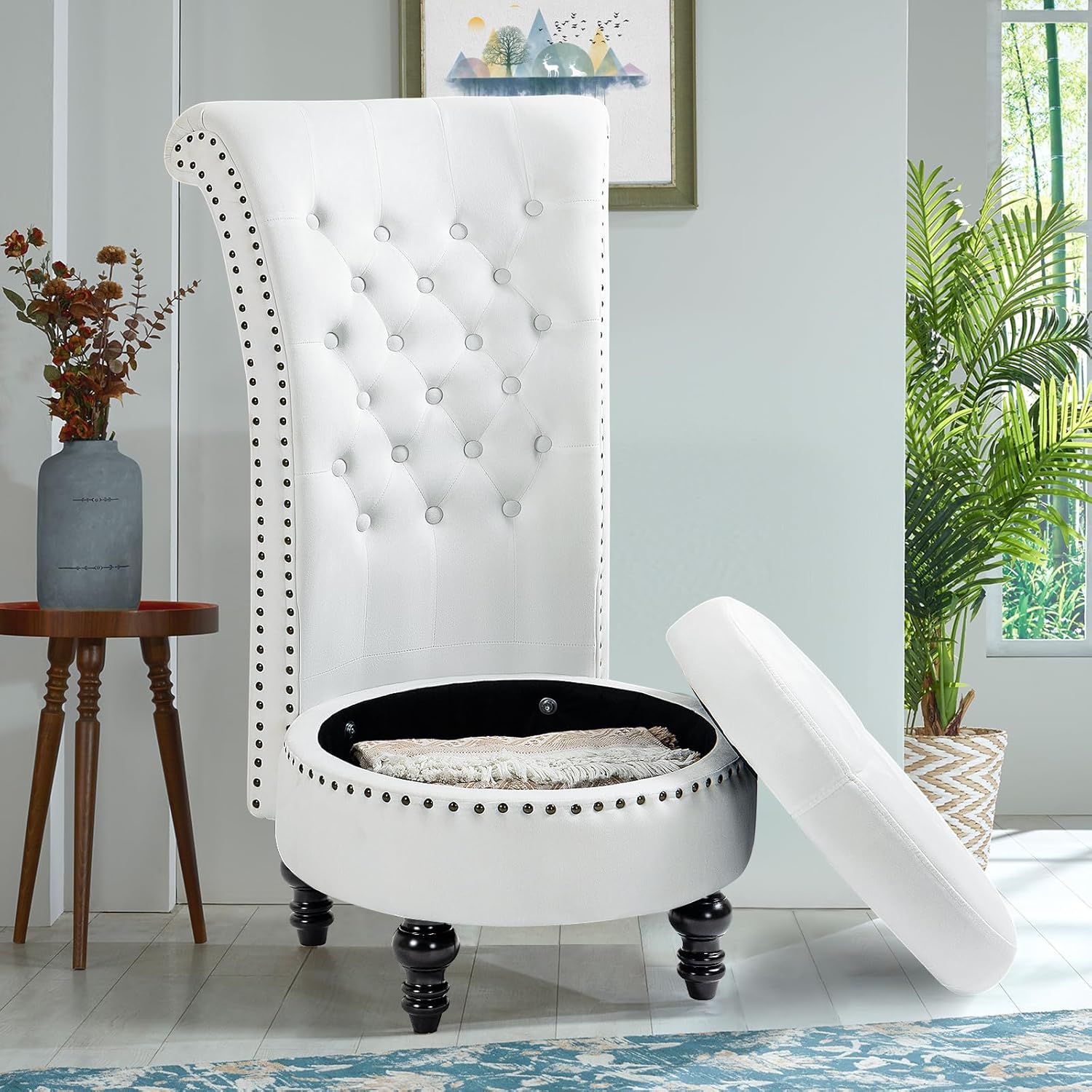 HOMREST High Back Throne Chair, Velvet Armless Royal Accent Chair w/Storage, Nailhead Trim & Rubberwood Legs for Living Room & Bedroom, White