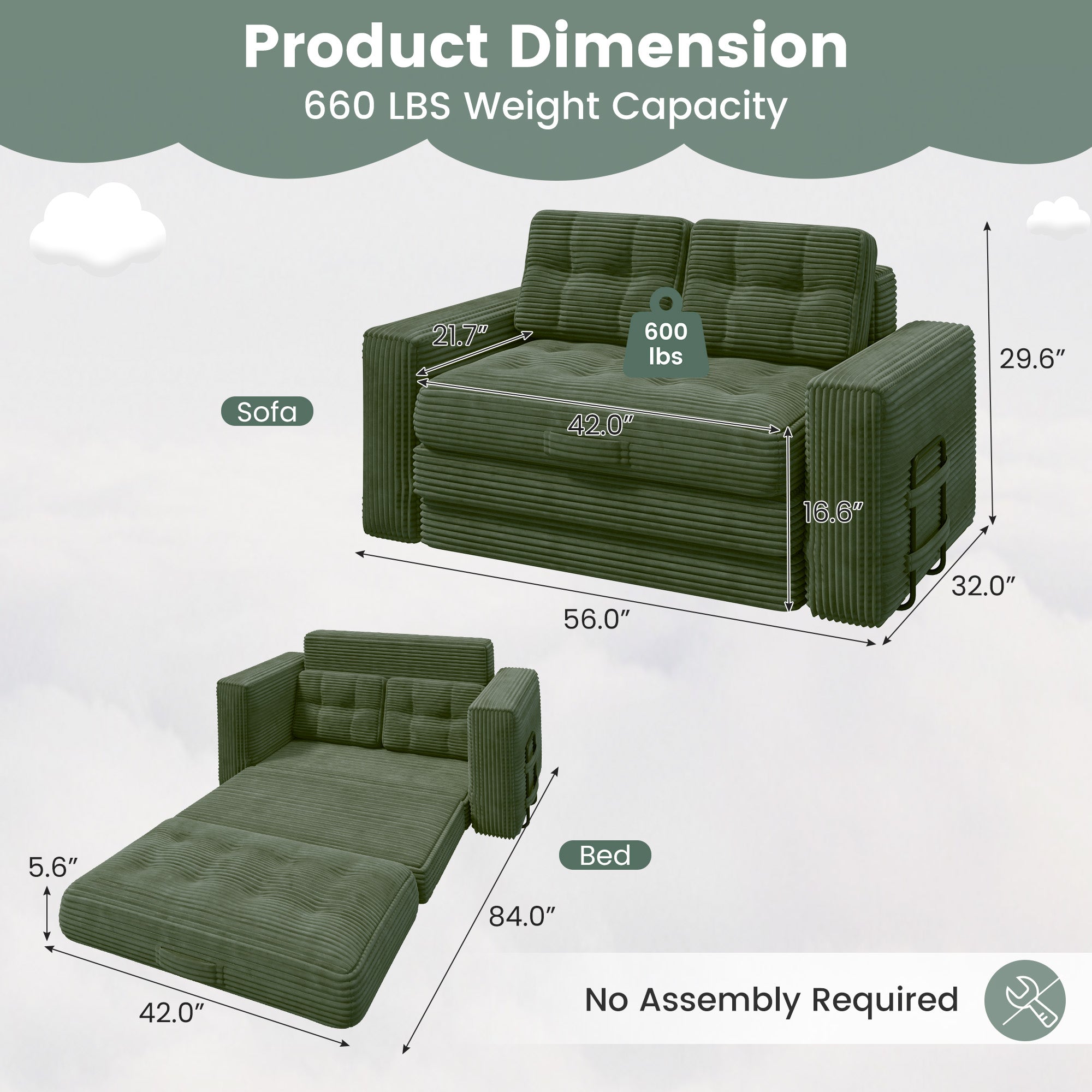 HOMREST No Assembly Needed Convertible Sofa Bed, 2 in 1 Boneless Couch Bed with 2 Pillows, Green