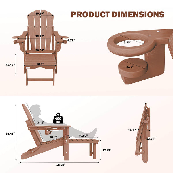 HOMREST 3-Level  Adjustable Adirondack Chair with Retractable Ottoman, Folding HDPE Outdoor Chair with Cup Holders, Teak
