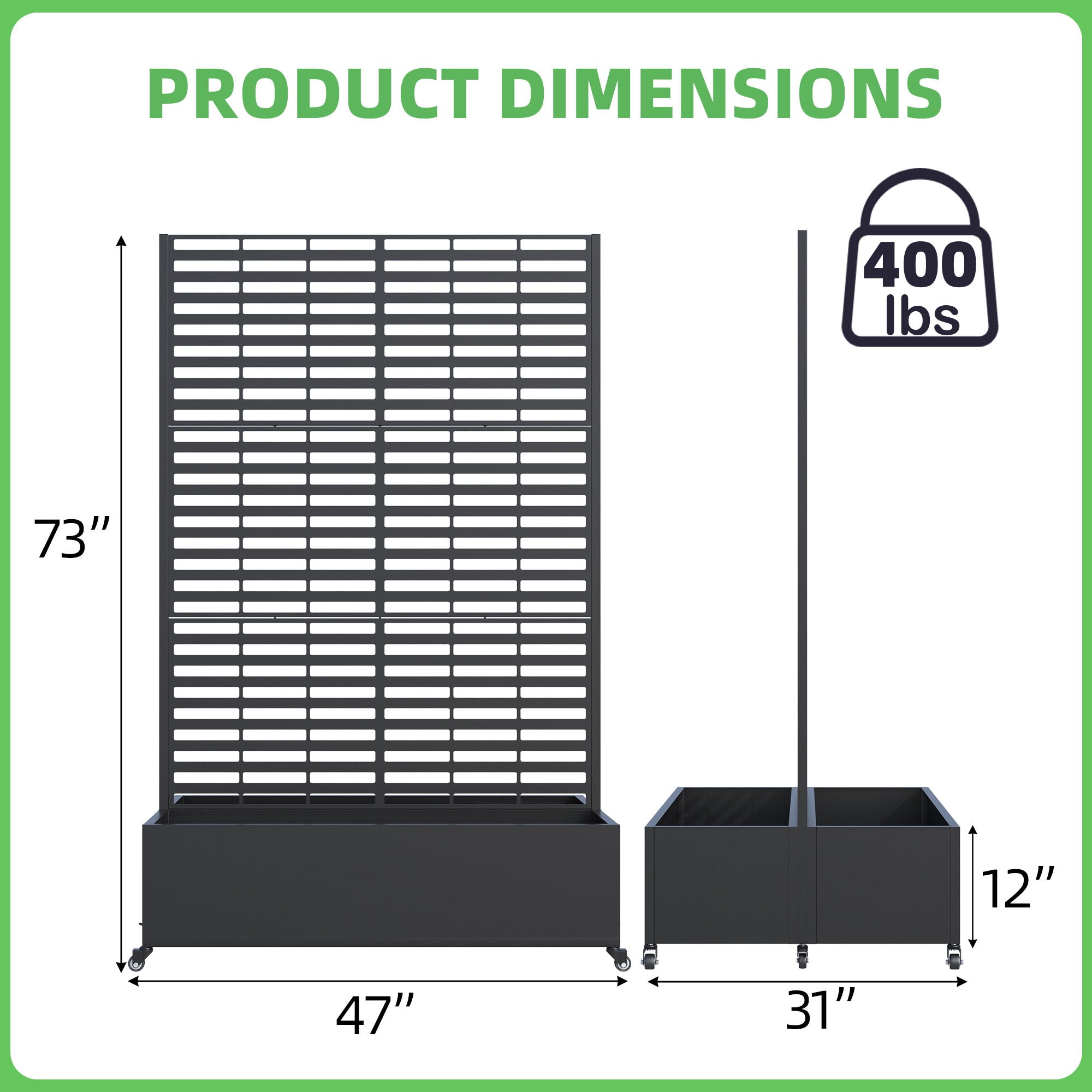 HOMREST Dual Metal Planter Box with Trellis, 73"x47"x31" Raised Garden Bed with Wheels and Drainage Holes, Planter with Trellis for Garden, Balcony & Patio, Black