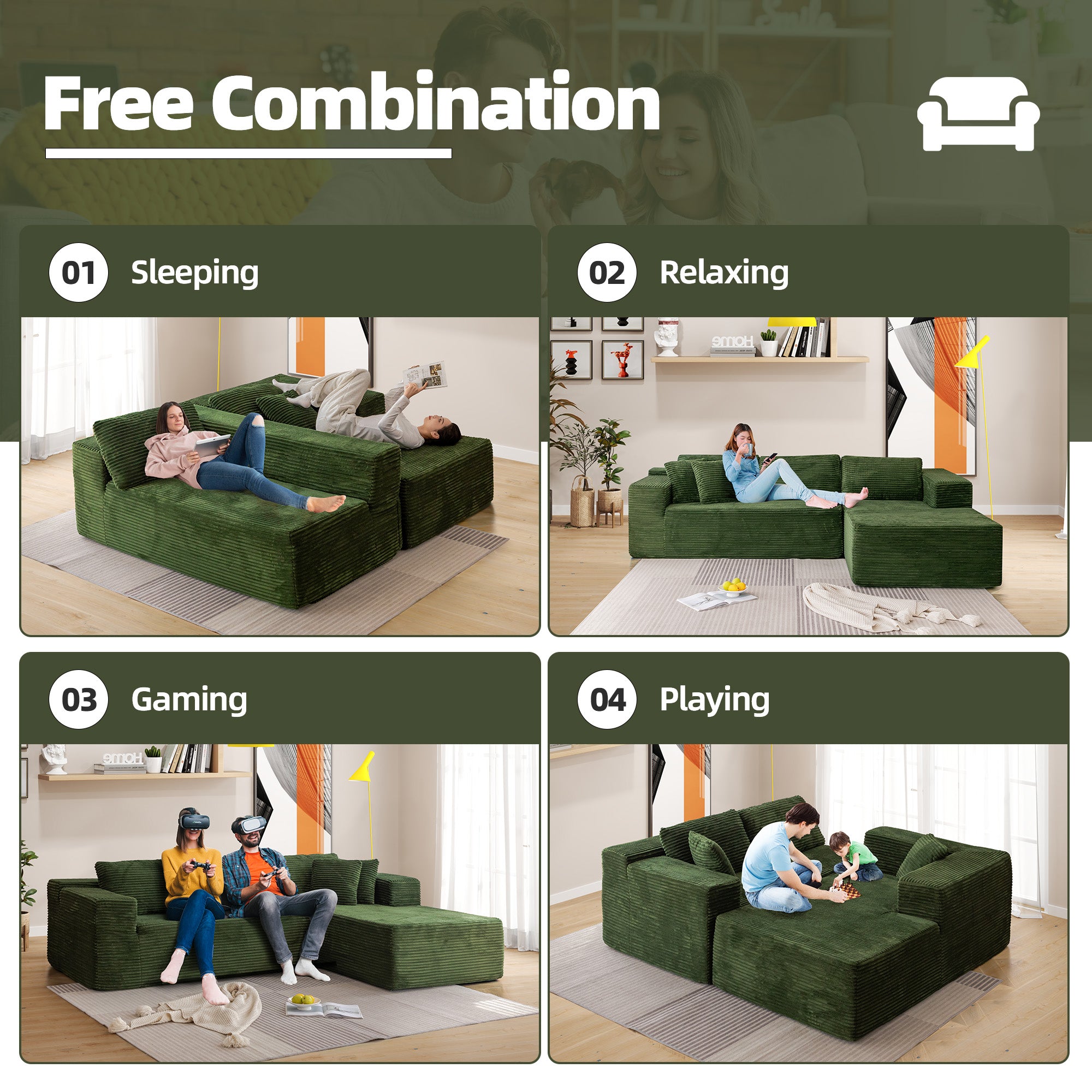 HOMREST 106 inch Cloud Sectional Couch with Chaise Lounge for Living Room, Corduroy Fabric, Green