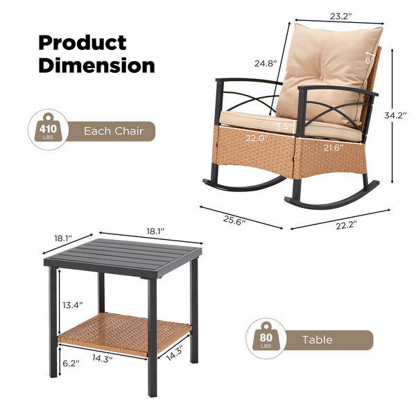 HOMREST 3-Piece Bistro Set: Outdoor Rattan Rocking Chairs with Cushions and Coffee Table