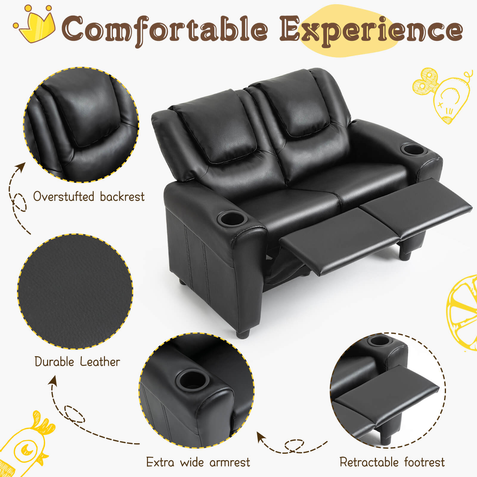 HOMREST Kids Recliner Chair, Double Kids Sofa Chair w/Cup Holder PU Leather, Toddler Loveseat Couch w/Adjustable Footrest & Headres for Boys Girls 3+ Age Group, Classic Black