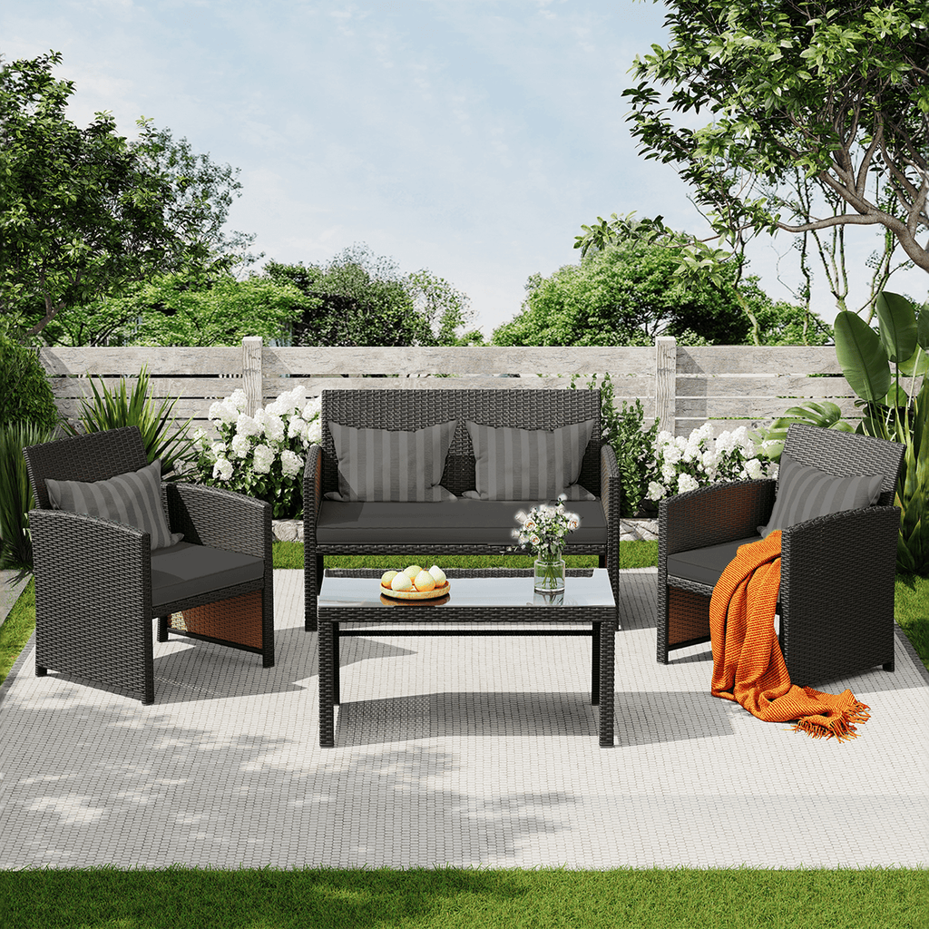 HOMREST 4-Piece Patio Furniture Set, Outdoor Wicker Patio Conversation Set with Cushions, Sofa & Glass Coffee Table, Gray