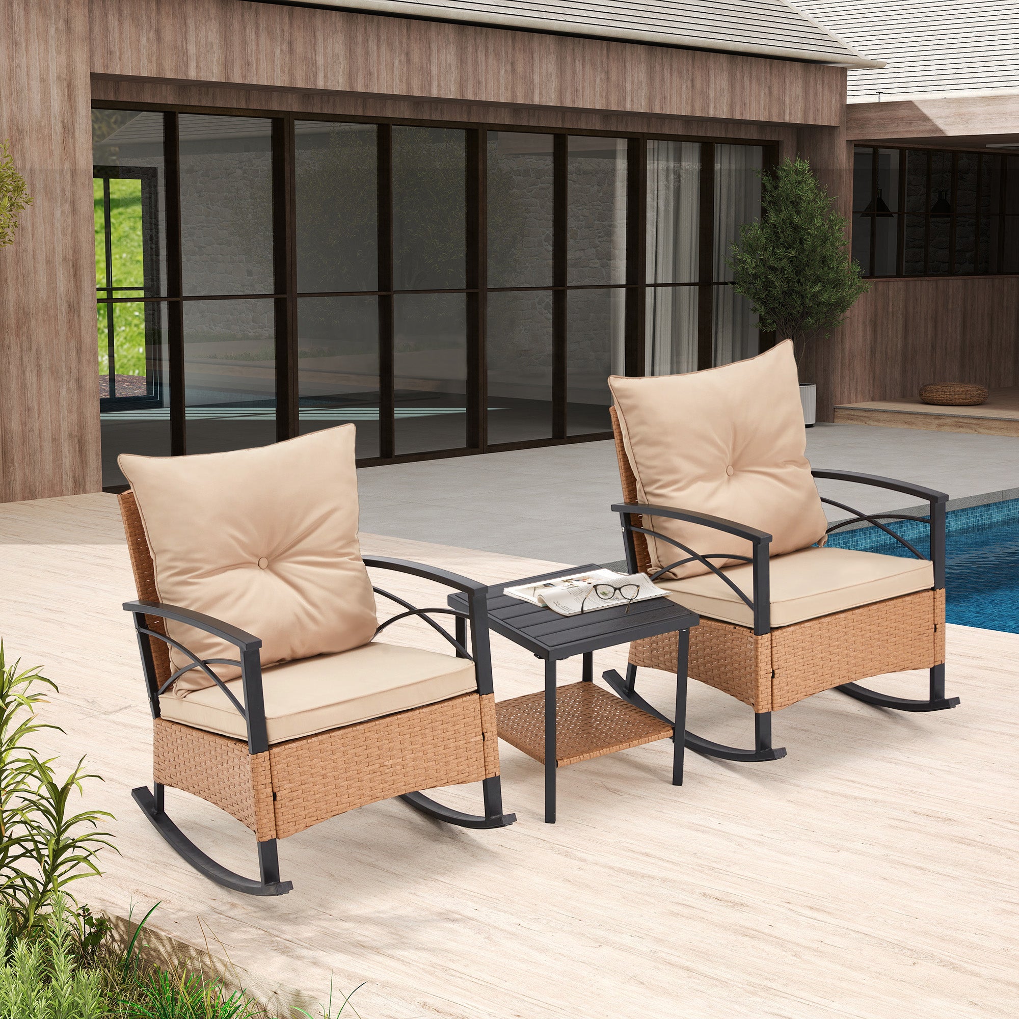 HOMREST 3-Piece Bistro Set: Outdoor Rattan Rocking Chairs with Cushions and Coffee Table