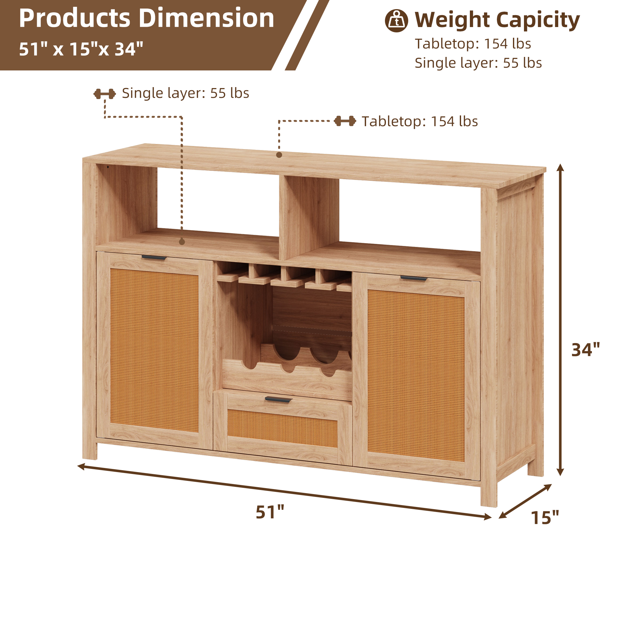 HOMREST Farmhouse Bar Cabinet with Storage, Wine Racks and Drawers for Dining Room and Living Room,Beige