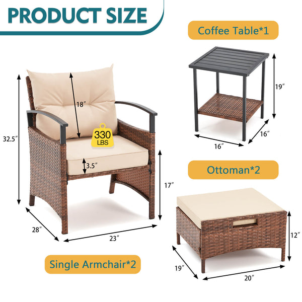 HOMREST 5 Pieces Patio Furniture Set, Outdoor Rattan Chairs with Metal Coffee Table, Ottomans & Soft Cushions, Wicker Conversation Bistro Set, Beige