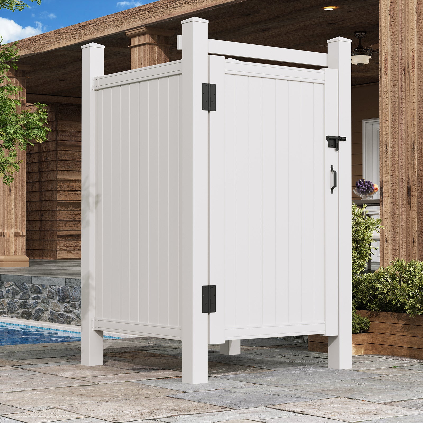 HOMREST 80.75"H x 45.75"W x 45.75"L White PVC Outdoor Shower Enclosure with Door, Weatherproof Privacy Stall for Pool & Beach, Durable Vinyl Construction（Flat-panel）