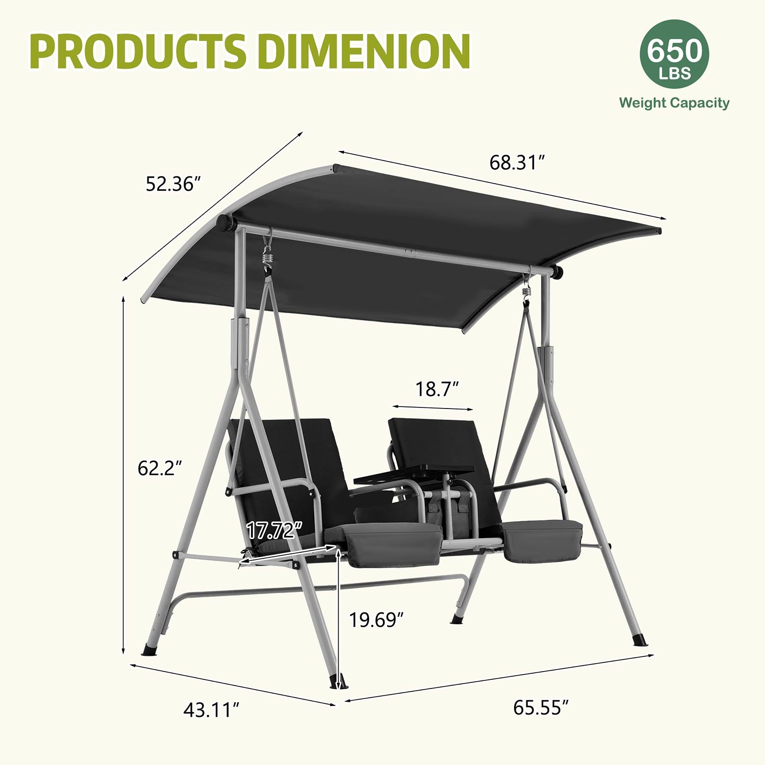 Homrest 2 Seat Outdoor Porch Swing with Adjustable Canopy and Cup Holders, Black